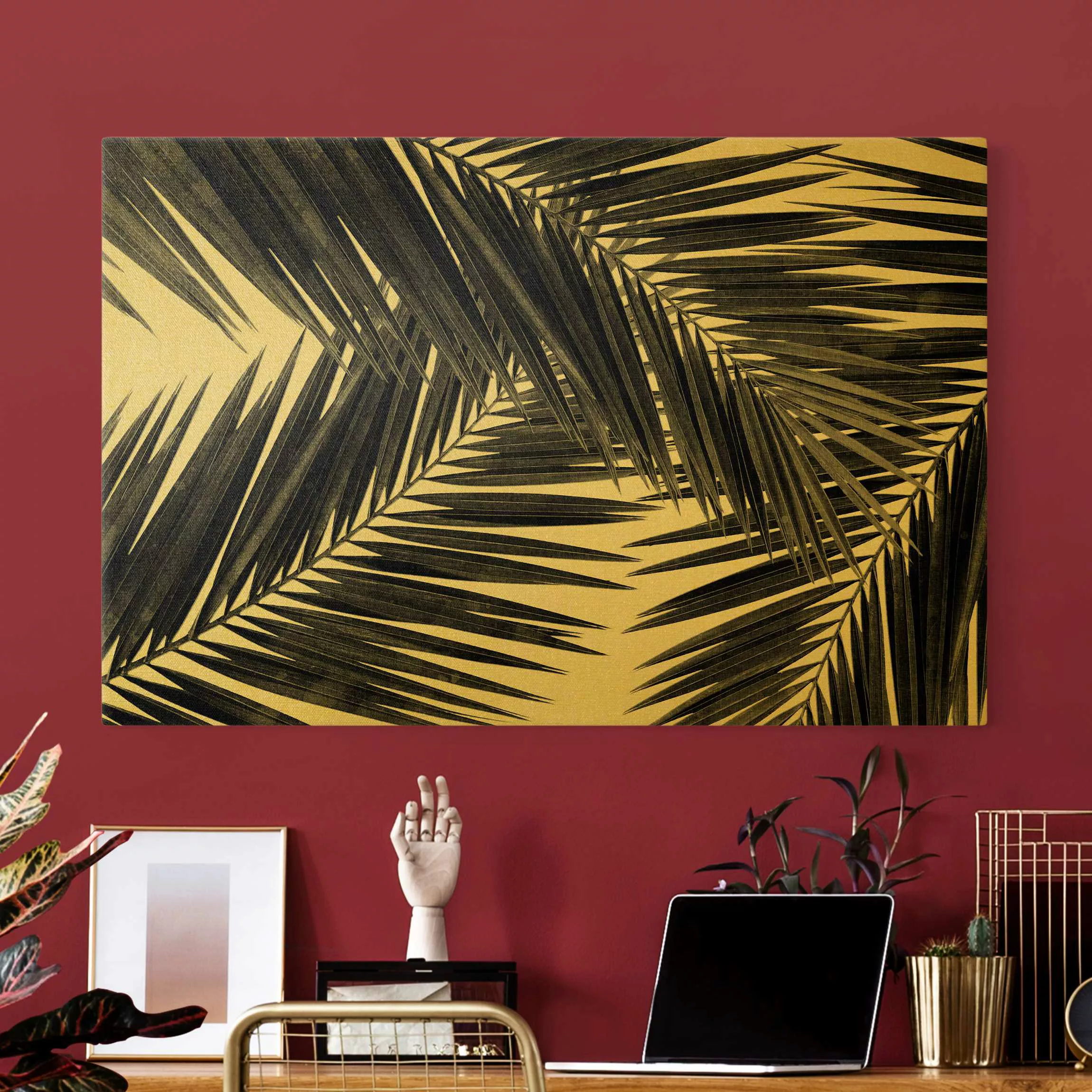 Leinwandbild Gold Blick durch Palmenblätter Schwarz-Weiß günstig online kaufen