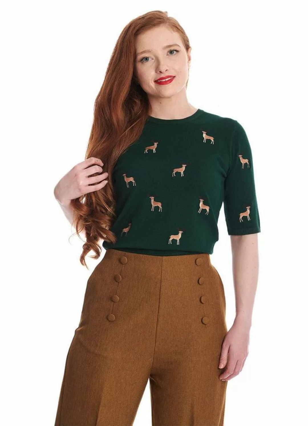 Banned Strickpullover Sweet Deer Grün Vintage Rockabilly Rehe günstig online kaufen