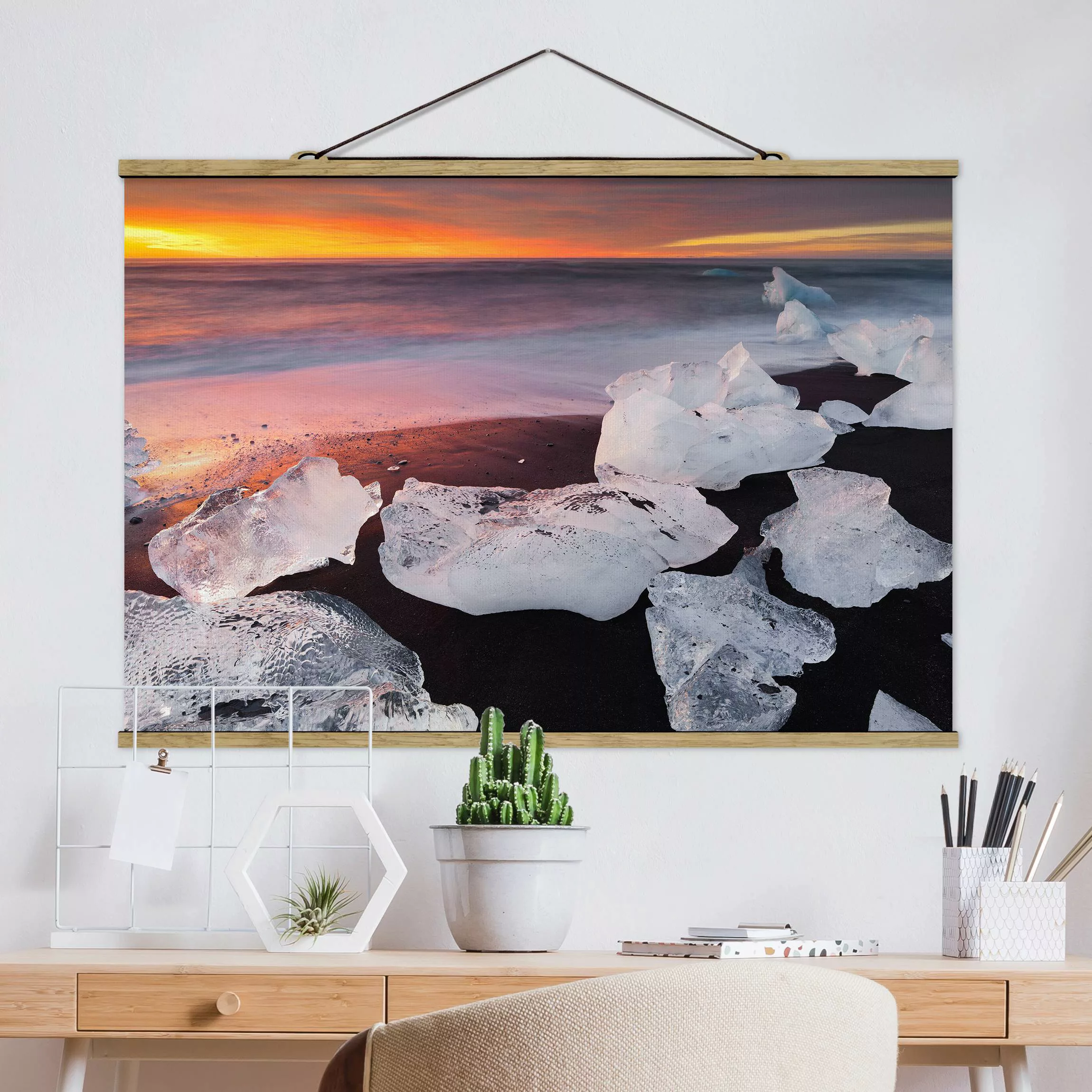 Stoffbild Strand mit Posterleisten - Querformat Eisbrocken Jökulsárlon Isla günstig online kaufen