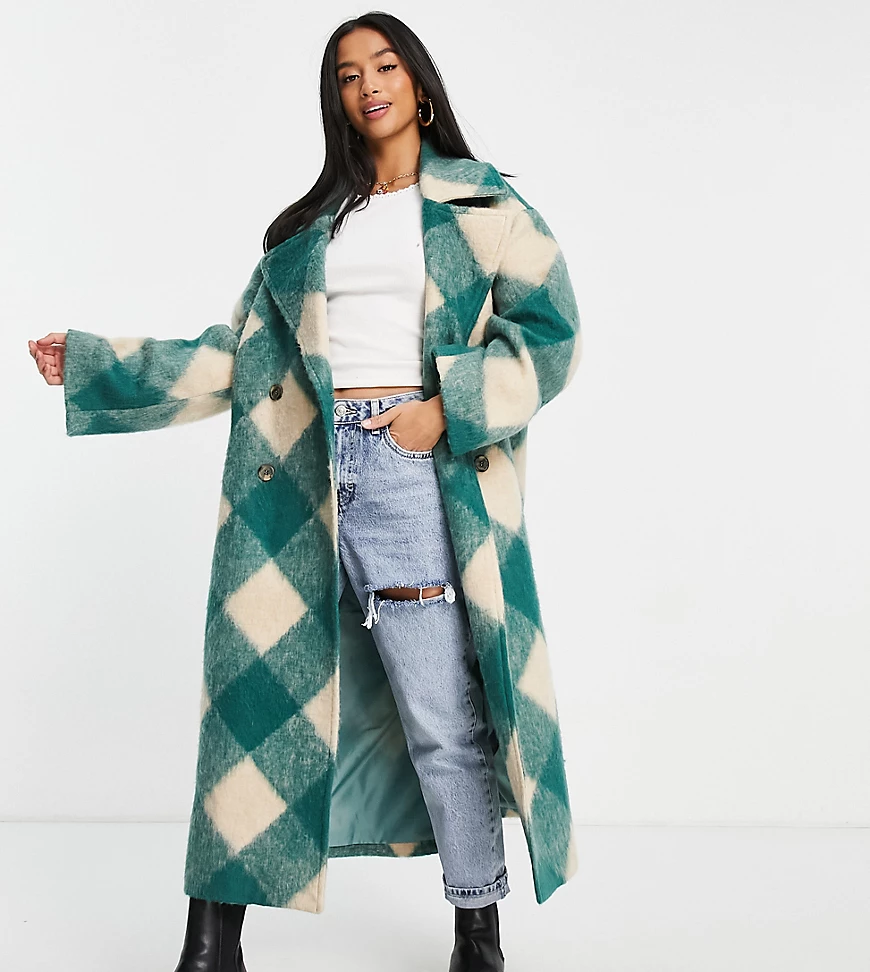 ASOS DESIGN Petite – Hero – Oversize-Mantel in Grün mit rautenförmigem Karo günstig online kaufen