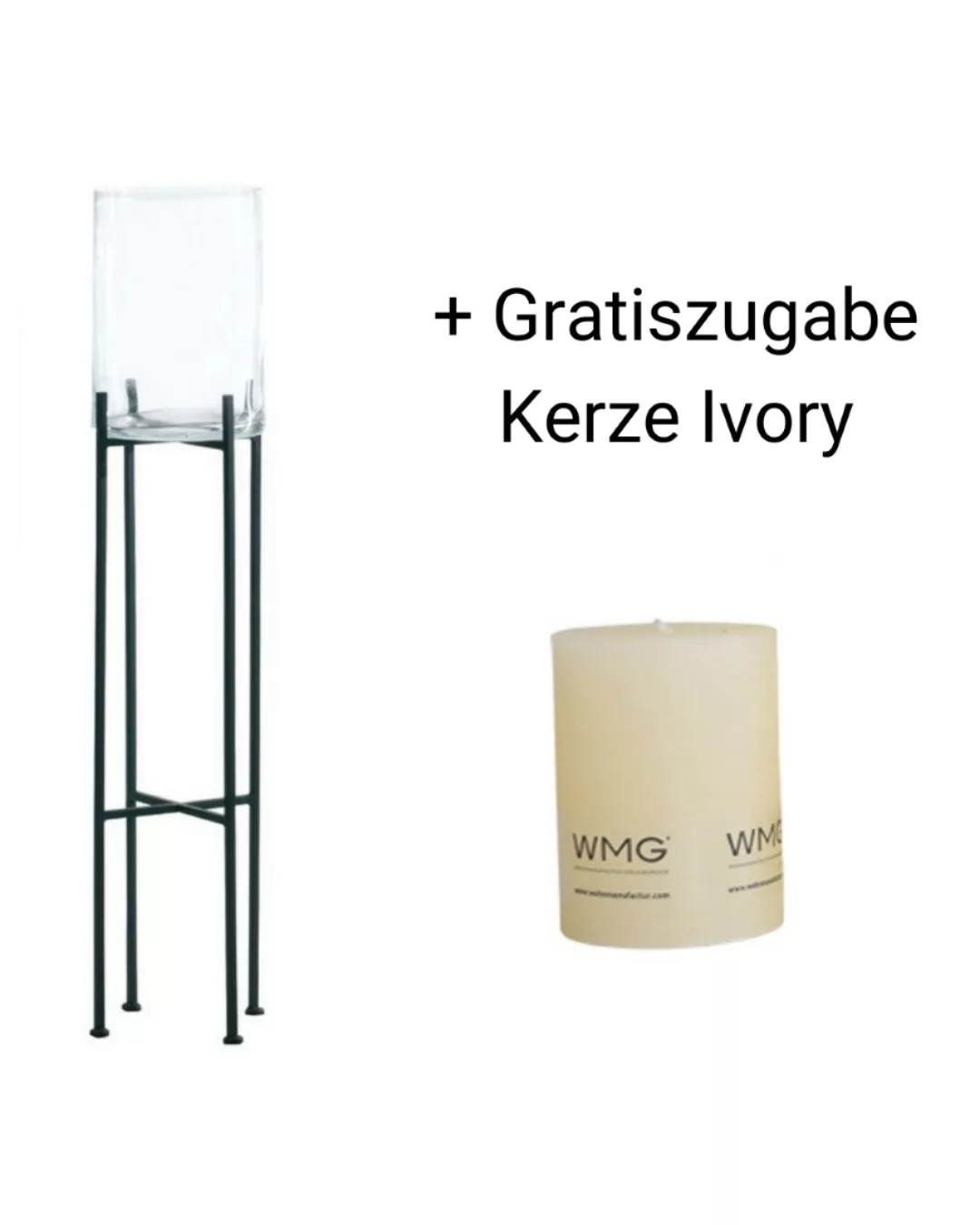 Windlicht Vincent auf Eisen-Ständer 120 cm + Gratiszugabe Kerze Ivory günstig online kaufen