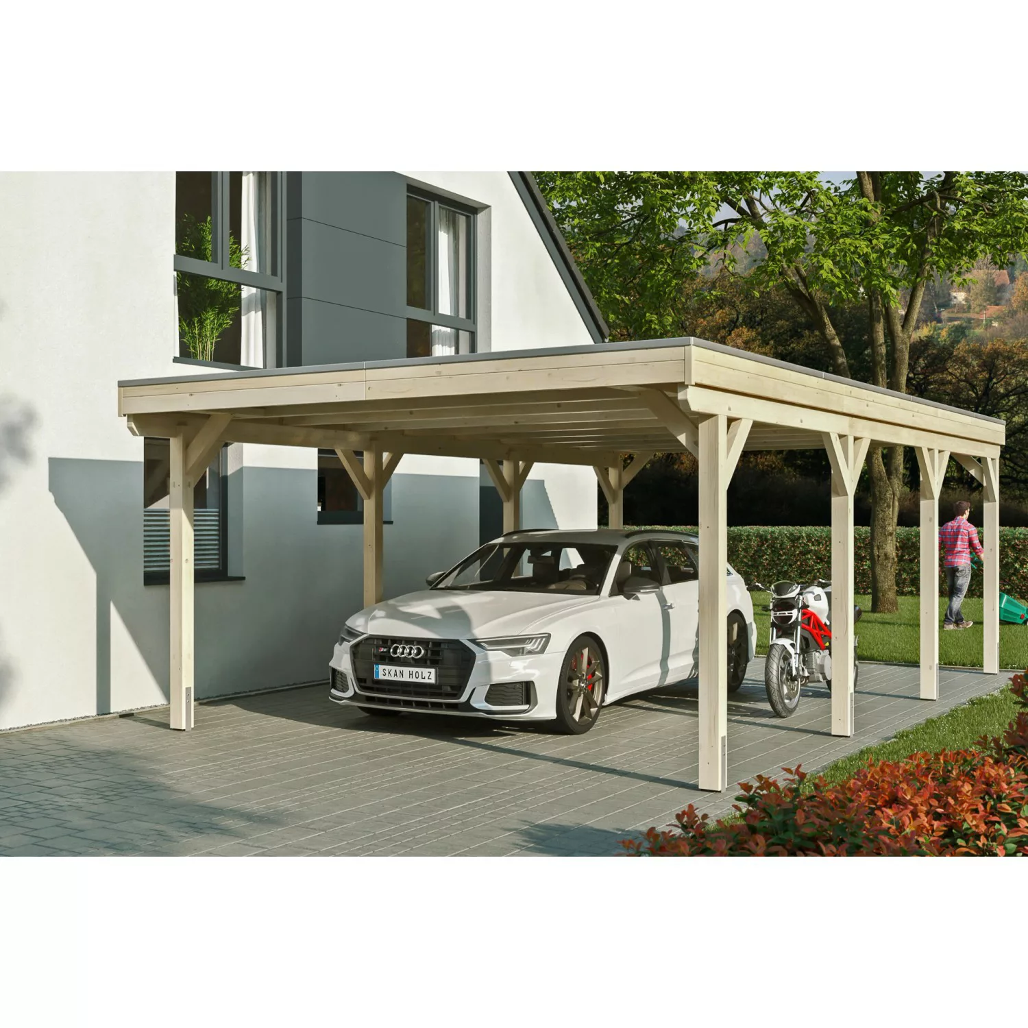 Skan Holz Carport Grunewald 427 cm x 796 cm mit Aluminiumdach Natur günstig online kaufen