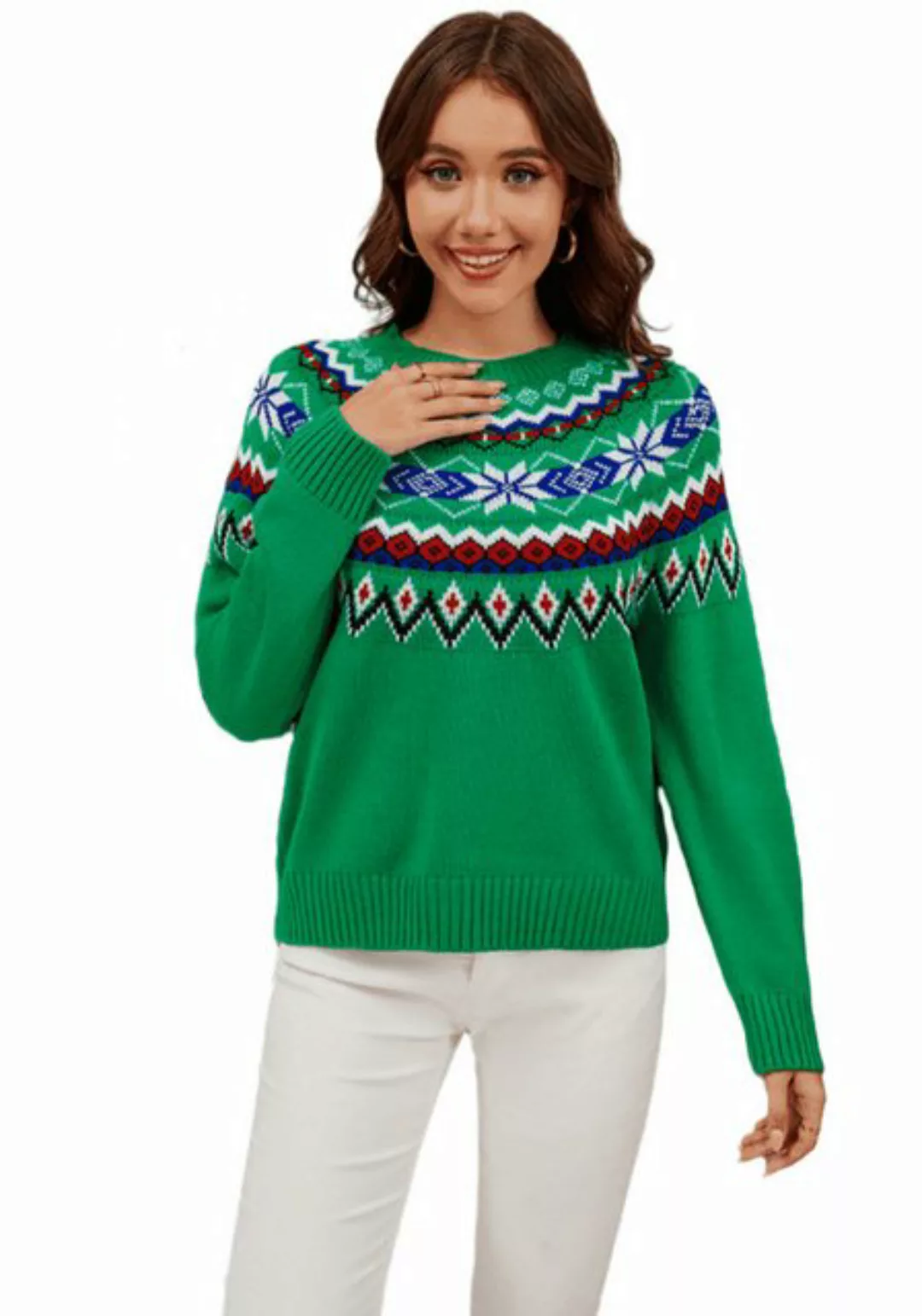 AUKUU Strickpullover Frauen-Strickpullover, retro, kontrastreiche Jacquard- günstig online kaufen