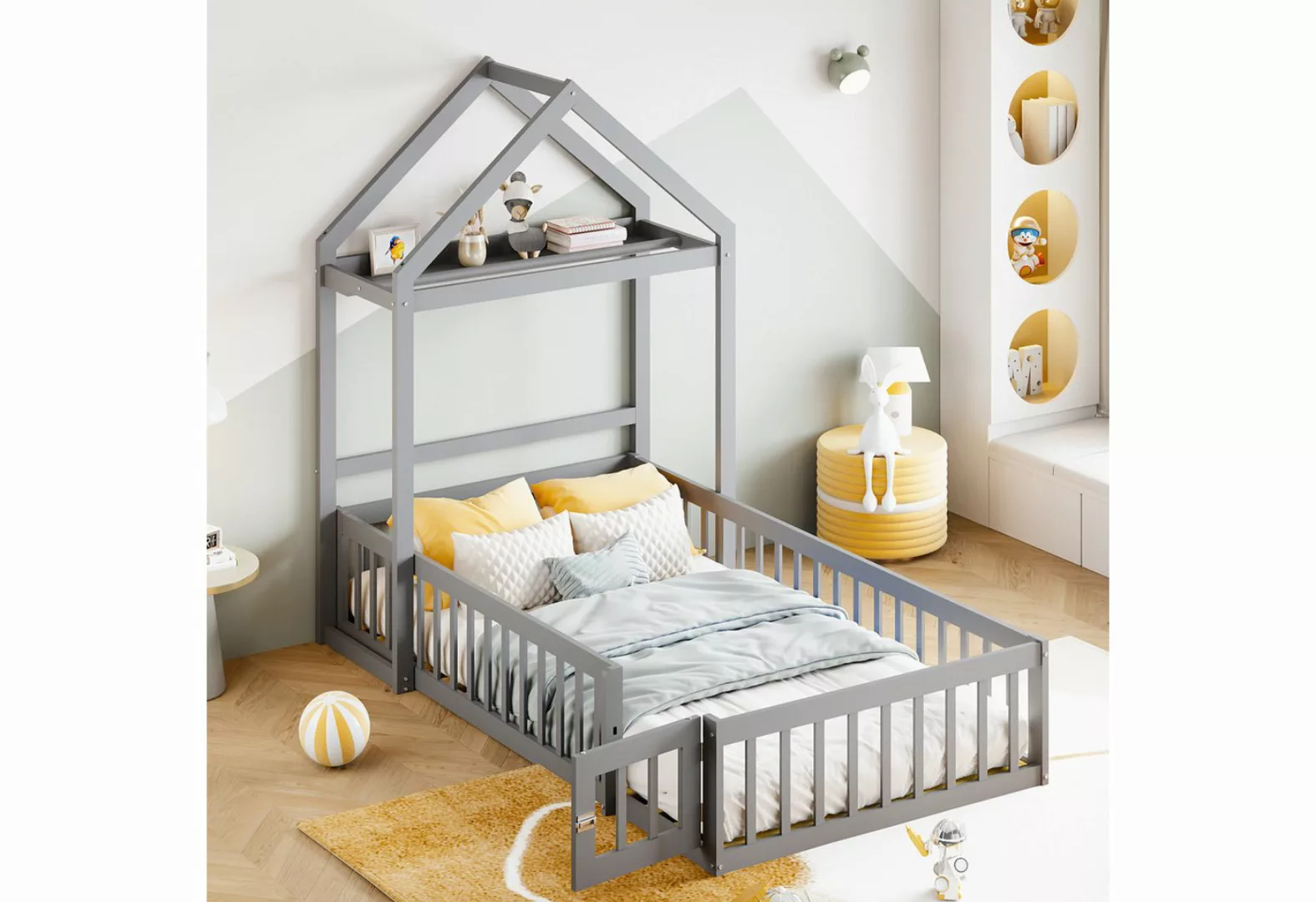 FUROKOY Kinderbett 90 x 200cm Kinderbettgestell aus Massivholz, Kinderbett günstig online kaufen