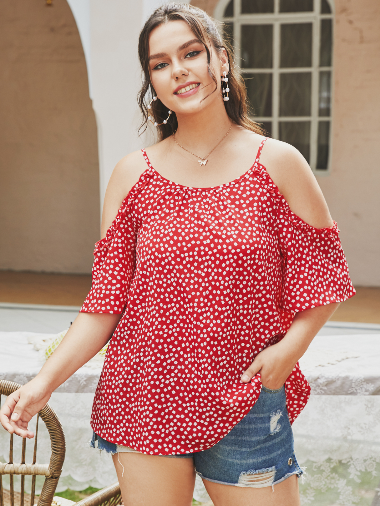 YOINS Plus Größe Cold Shoulder Calico-Bluse zum Binden mit halben Ärmeln günstig online kaufen