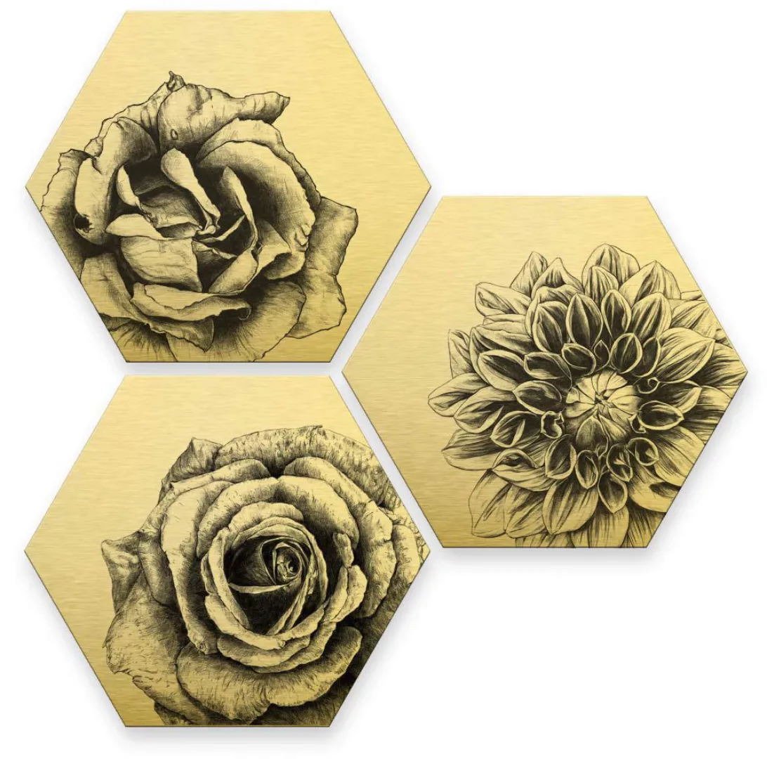 Wall-Art Mehrteilige Bilder "Florales Blumen Set Goldeffekt", Schriftzug, ( günstig online kaufen