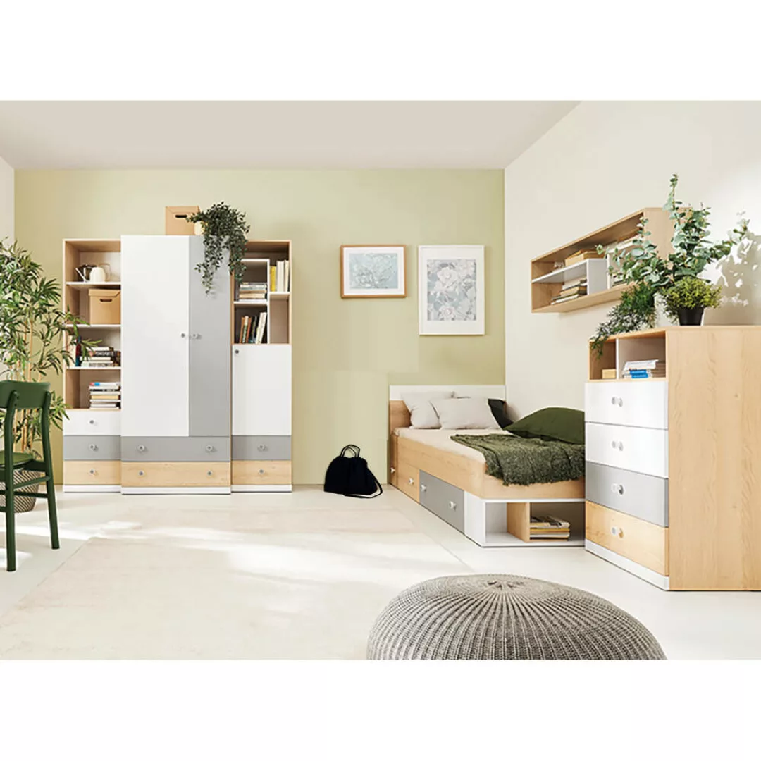 Jugendzimmer Set in Eiche mit weiß und grau PINETO-133, 6-teilig, inkl. 90x günstig online kaufen