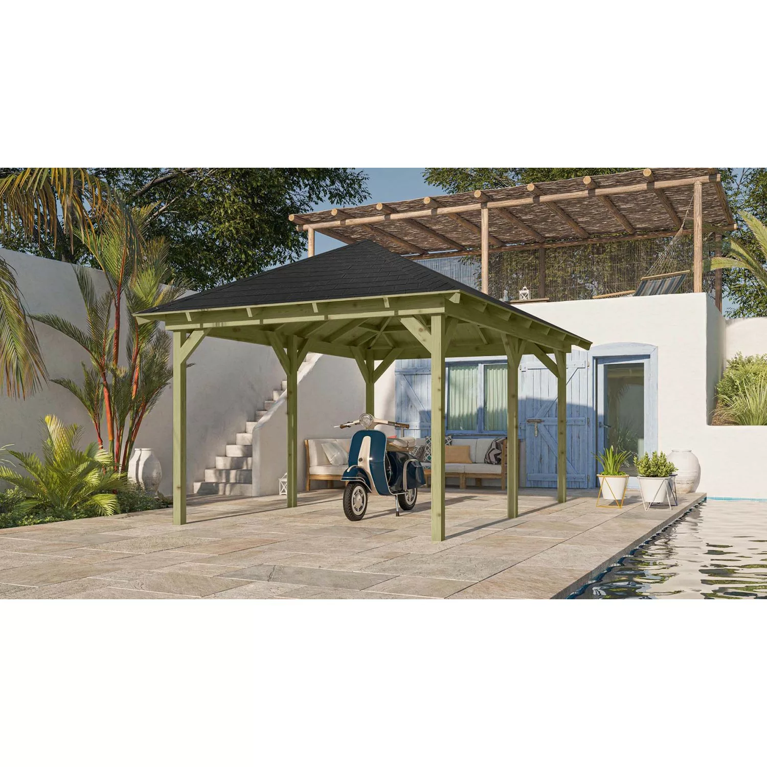 Karibu Pavillon Bever 4 Set kdi mit Schindeln Schwarz 429 cm x 289 cm x 296 günstig online kaufen