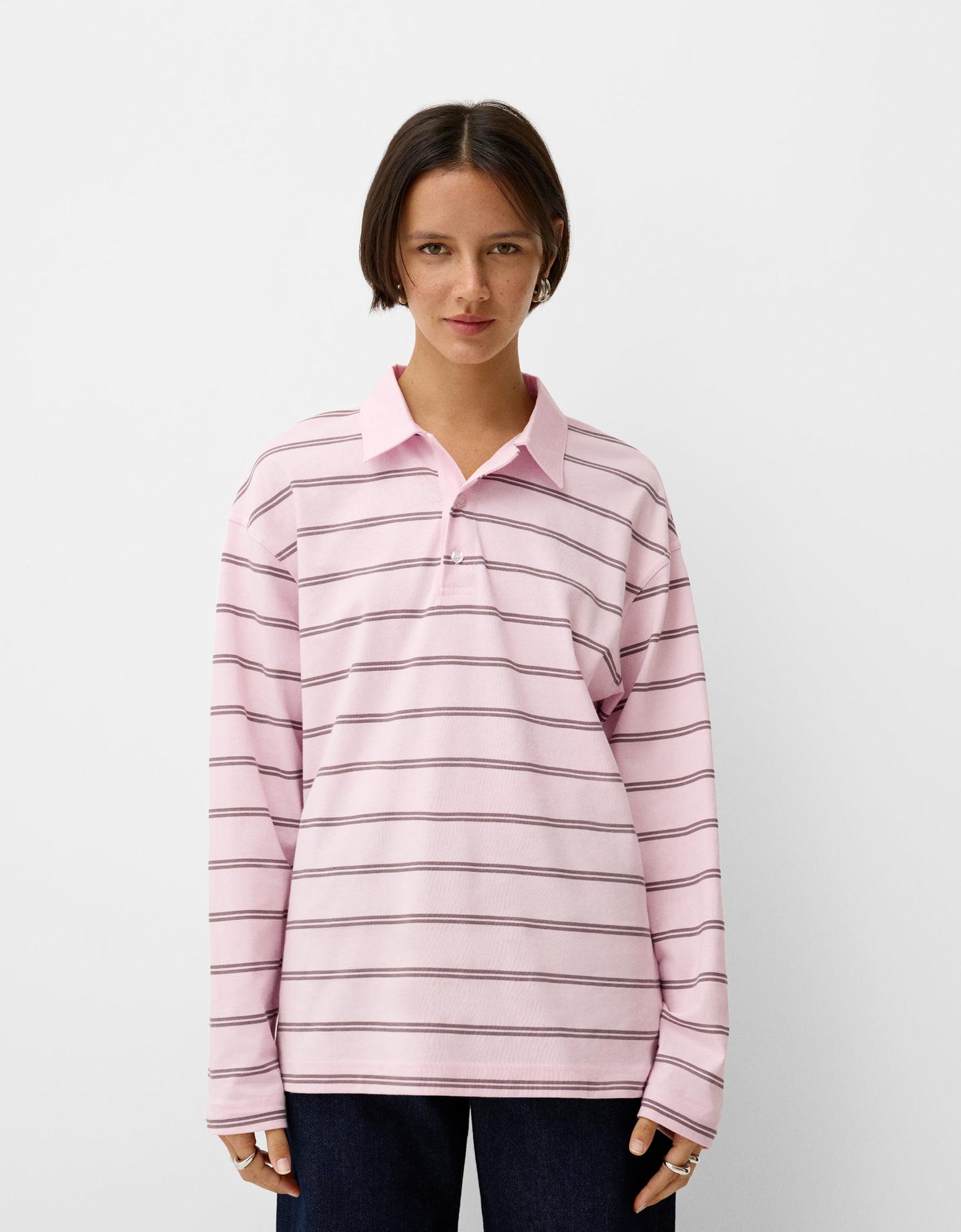 Bershka Langarmshirt Mit Polokragen Damen L Rosa günstig online kaufen