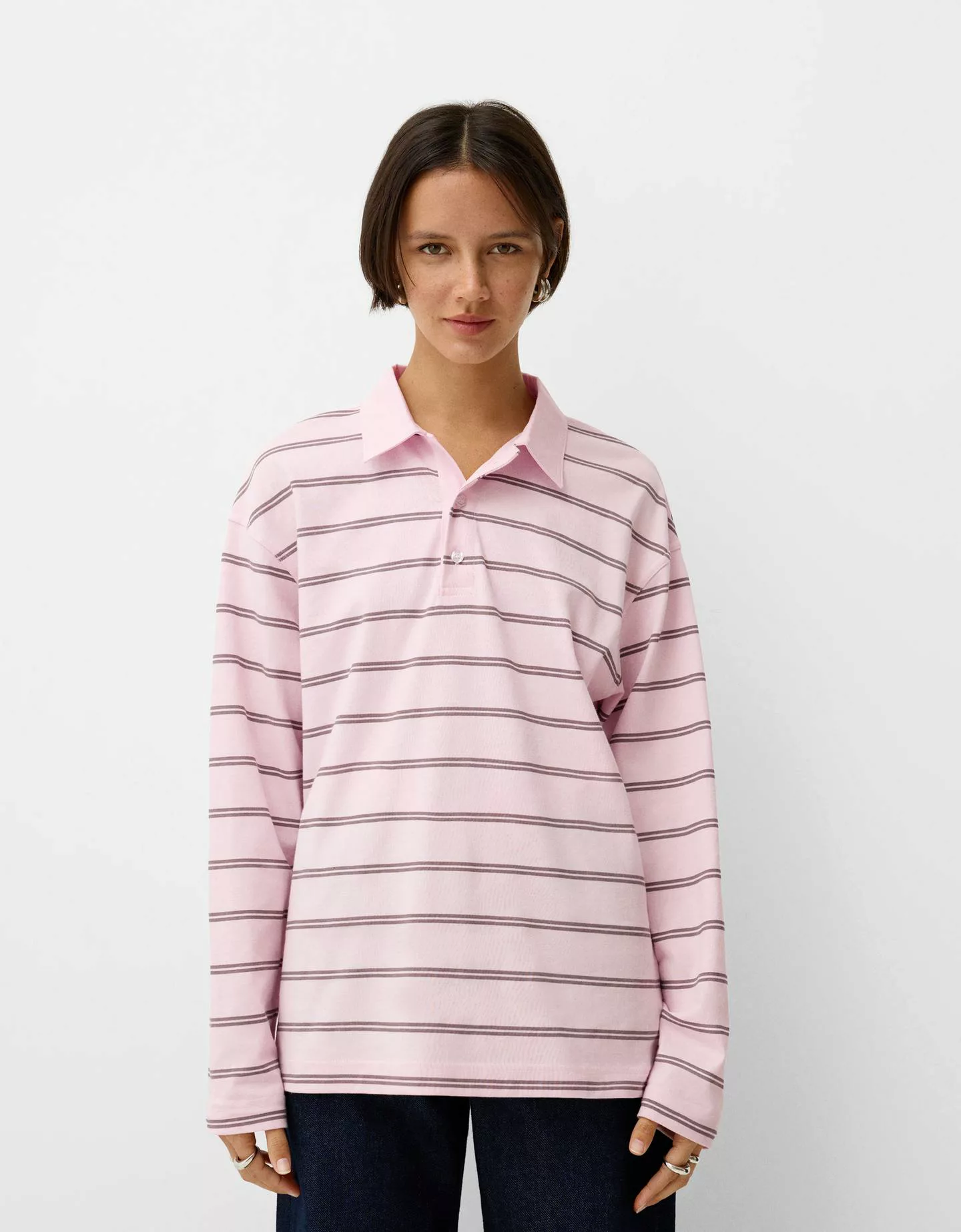 Bershka Langarmshirt Mit Polokragen Damen M Rosa günstig online kaufen