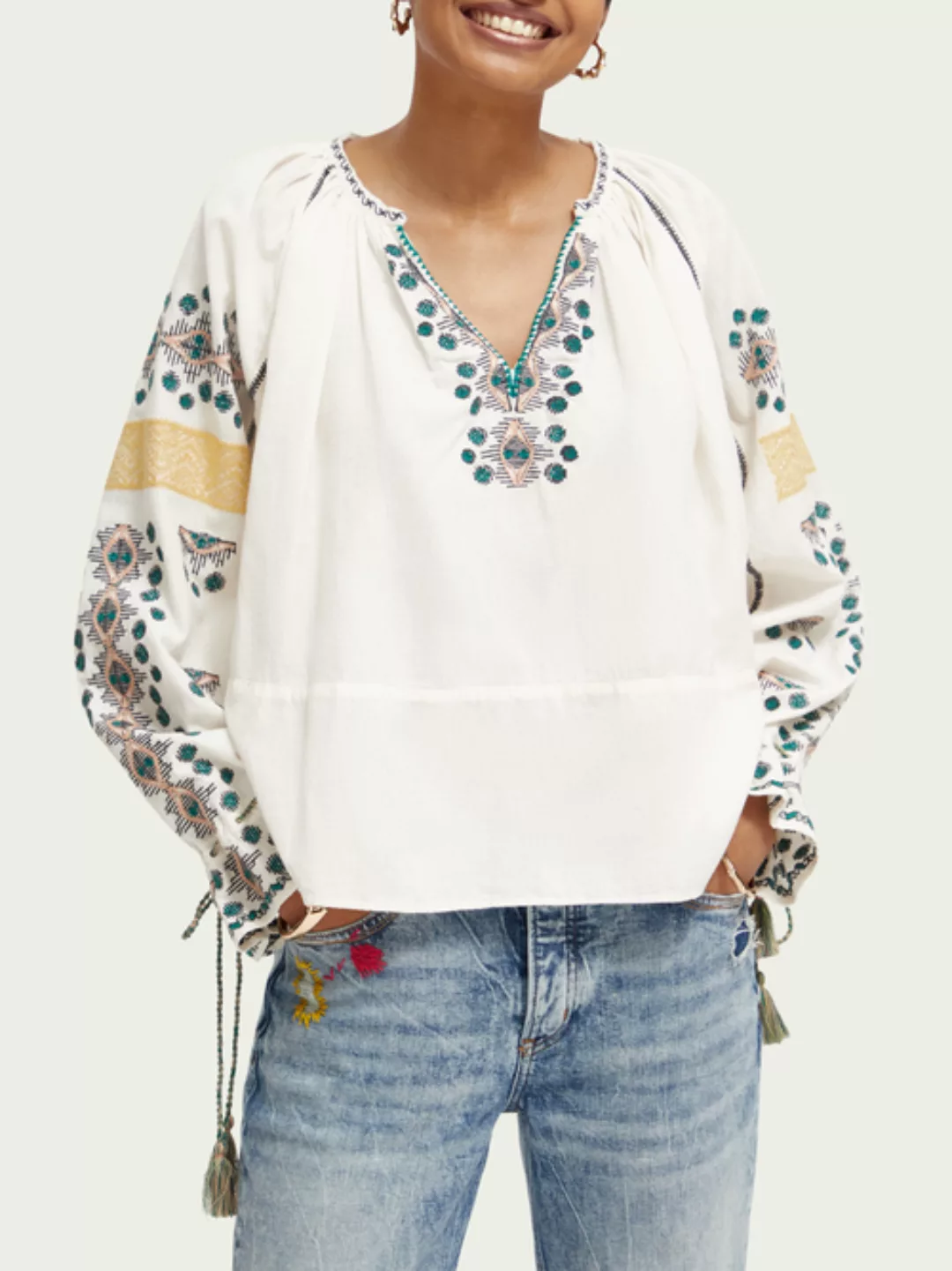 Embroidered linen-blended blouse günstig online kaufen