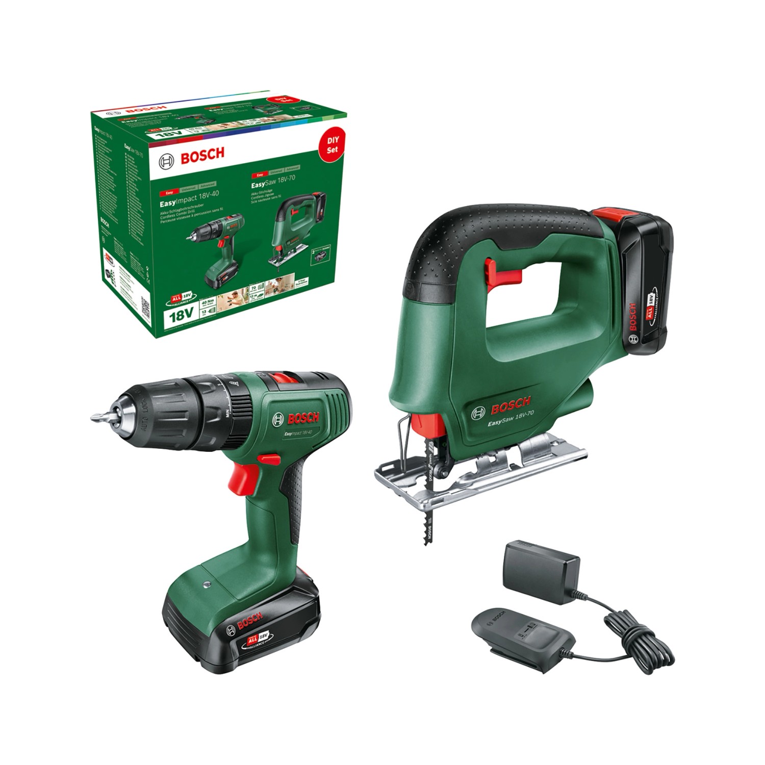 Bosch 18V Akku-Schlagbohrschrauber EasyImpact 18V-40 + Stichsäge EasySaw 18 günstig online kaufen