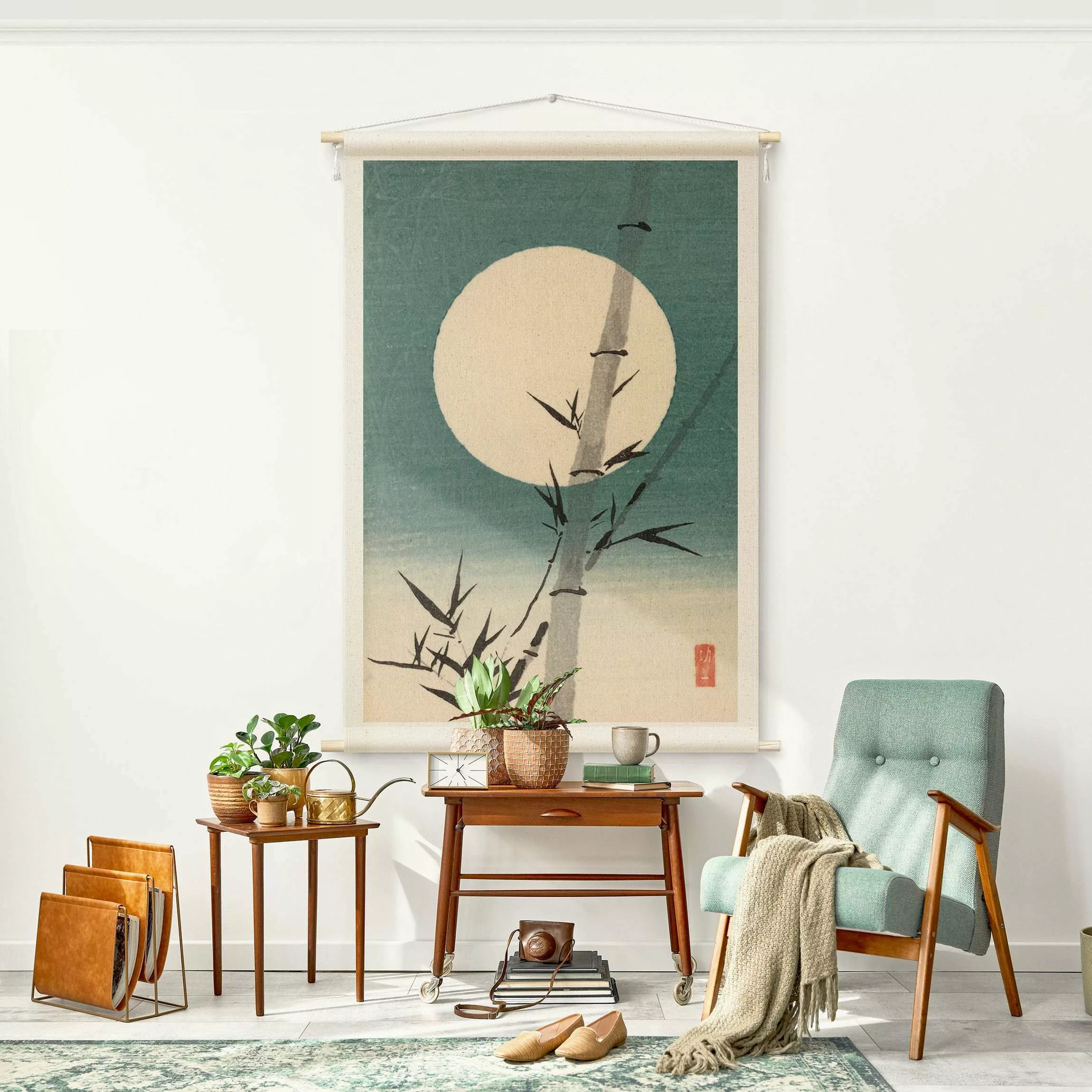 Wandteppich Japanische Zeichnung Bambus und Mond günstig online kaufen