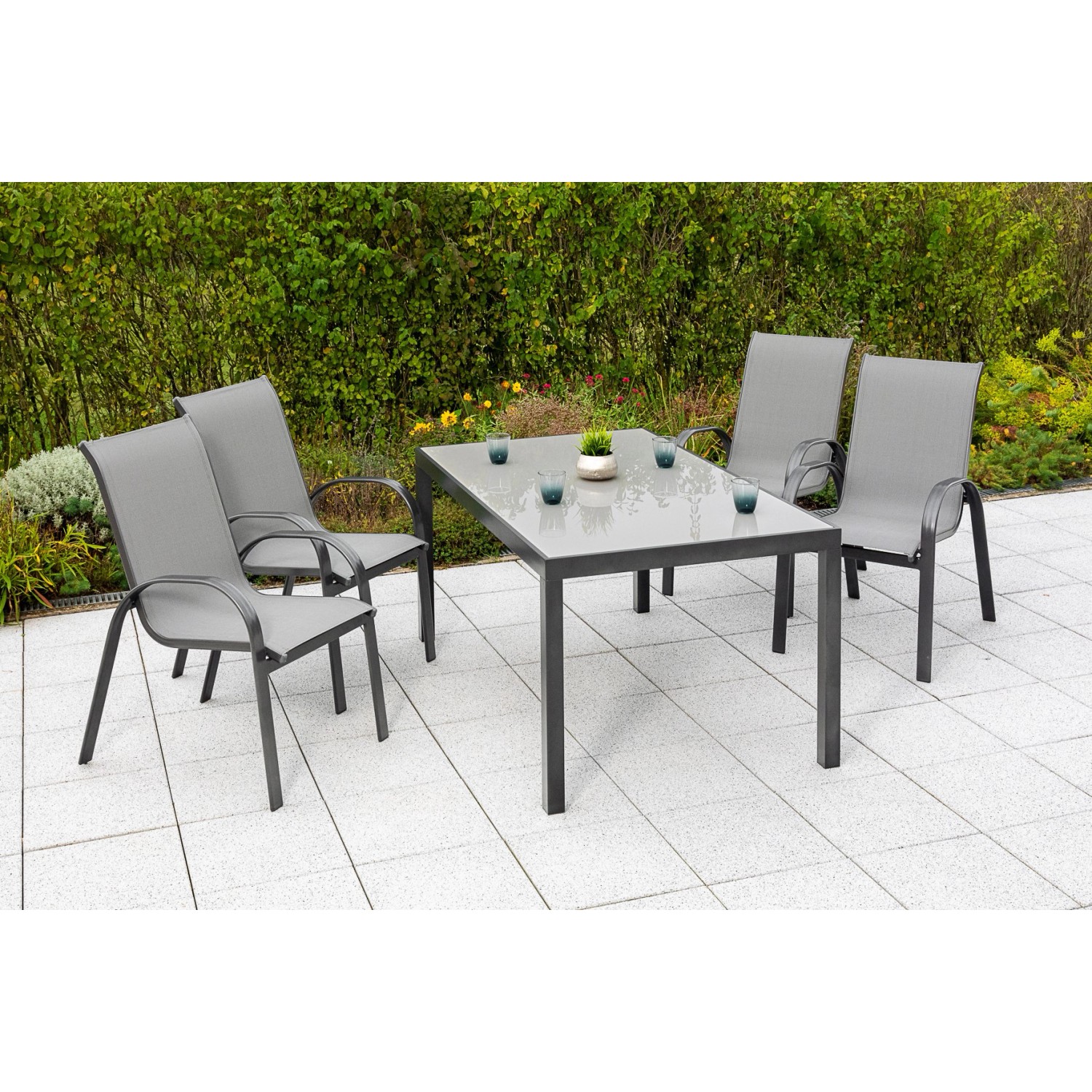 Merxx Amalfi Set 5 -tlg. 4 Stapelsessel Gartentisch 150 x 90 cm Graphit-Gra günstig online kaufen