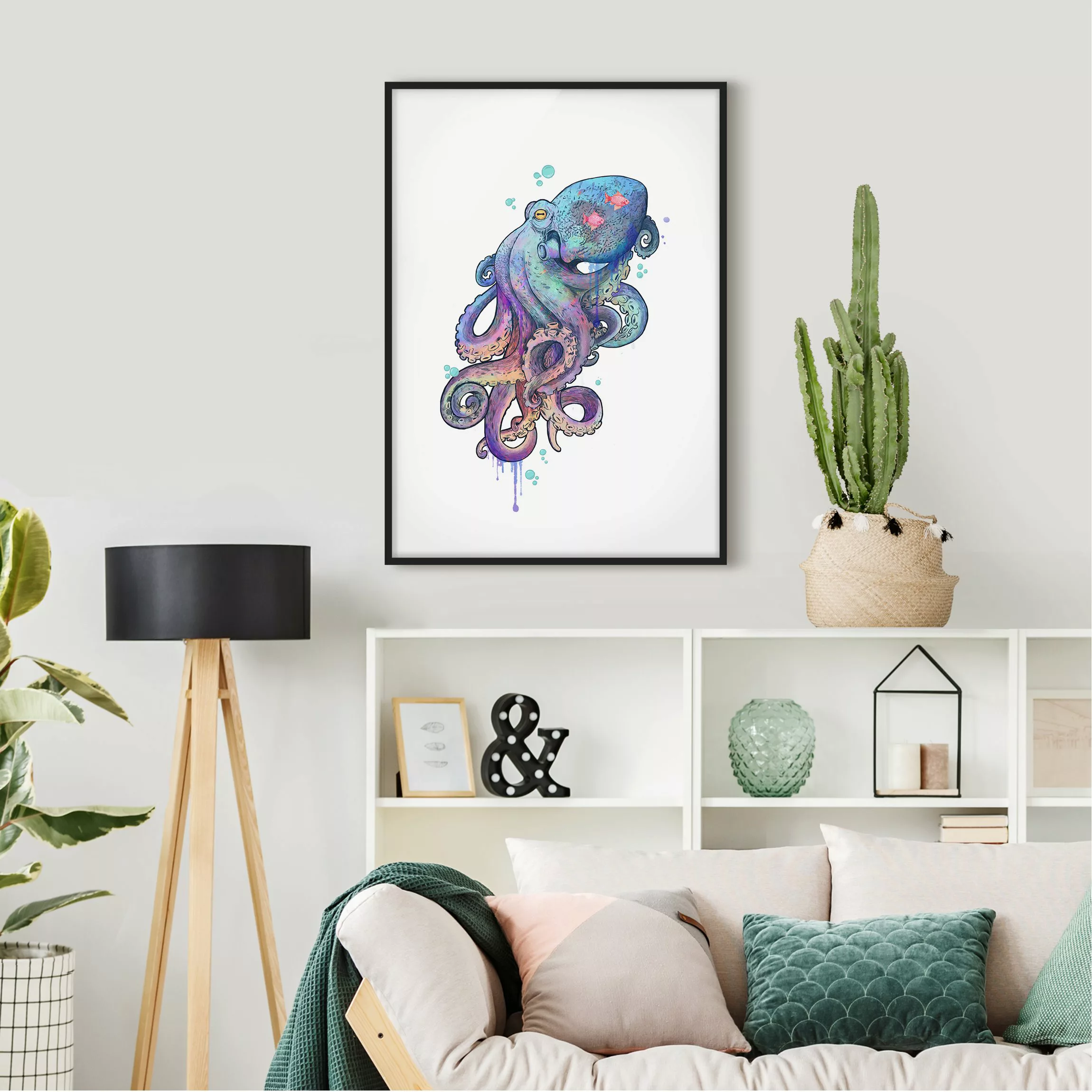 Bild mit Rahmen Tiere - Hochformat Illustration Oktopus Violett Türkis Male günstig online kaufen