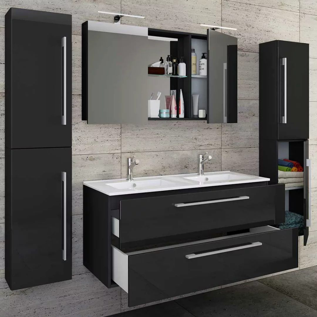 Badezimmermöbelset schwarz Hochglanz in modernem Design 178 cm breit (viert günstig online kaufen