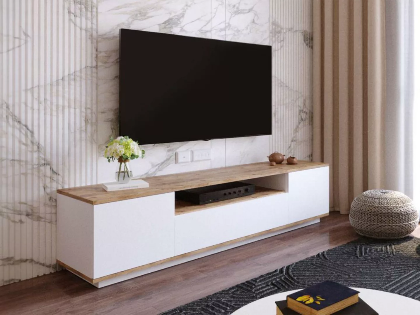 TV-Möbel mit 3 Türen & 1 Ablagefach - Weiß & Holzfarben - LOTULA günstig online kaufen