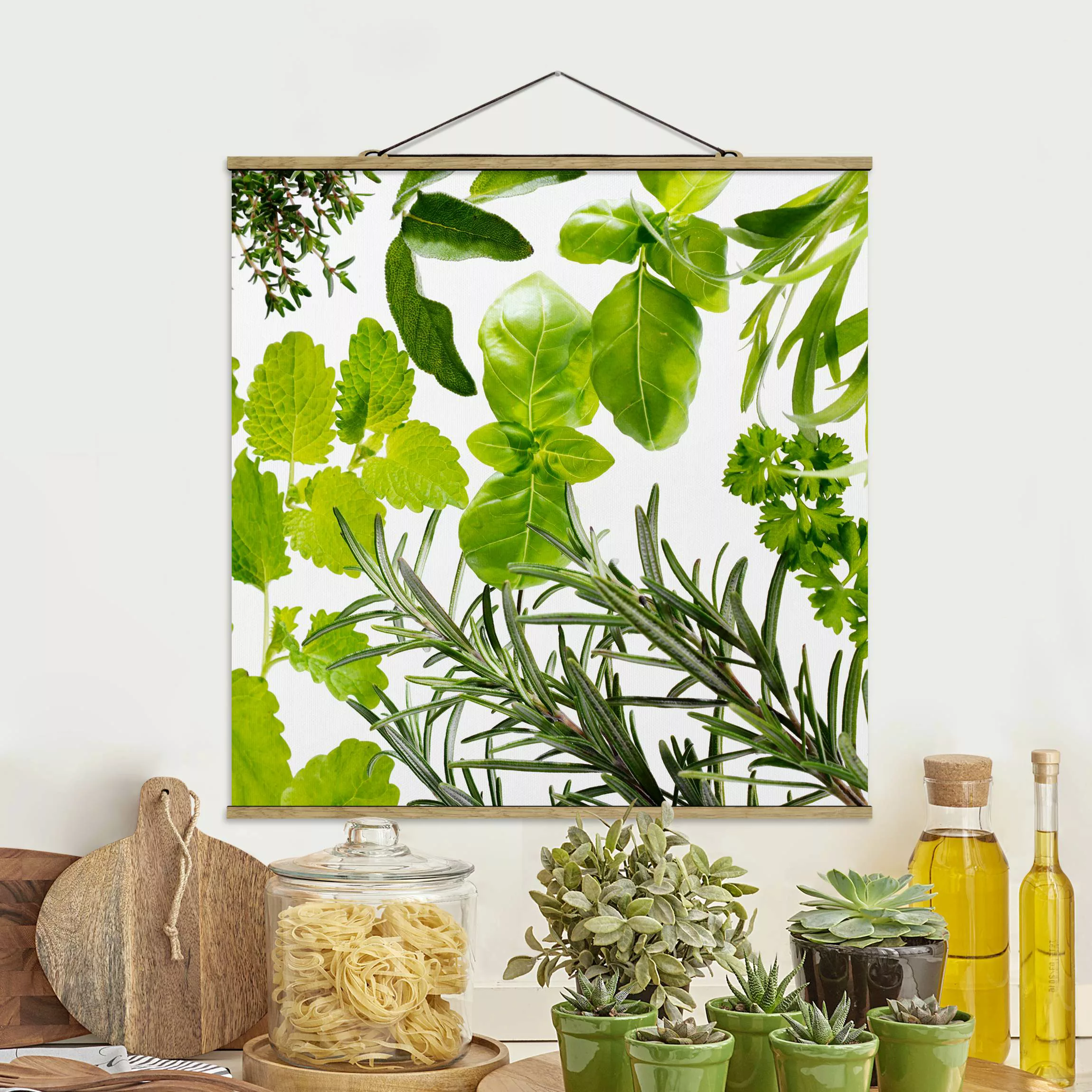 Stoffbild Küche mit Posterleisten - Quadrat Verschiedene Kräuter günstig online kaufen