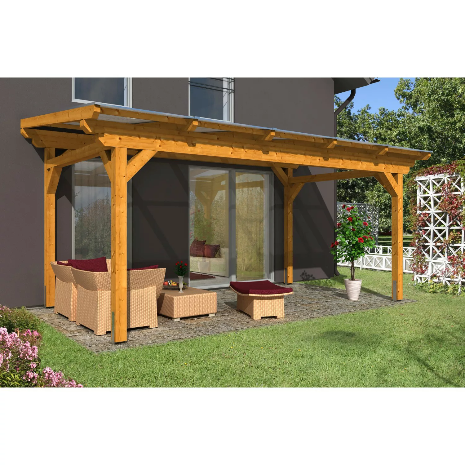 Skan Holz Terrassenüberdachung Sanremo 541 x 250 cm Leimholz Eiche hell günstig online kaufen