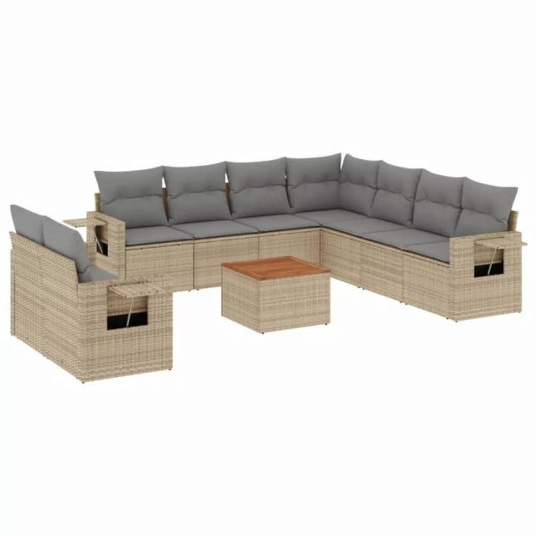 vidaXL Sofaelement 10-tlg. Garten-Sofagarnitur mit Kissen Beige Poly Rattan günstig online kaufen