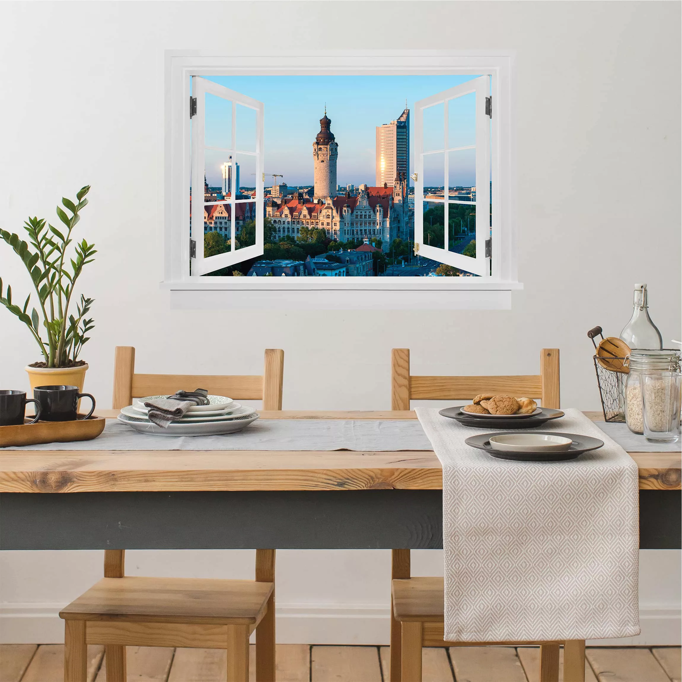 3D Wandtattoo Offenes Fenster Leipzig Skyline günstig online kaufen