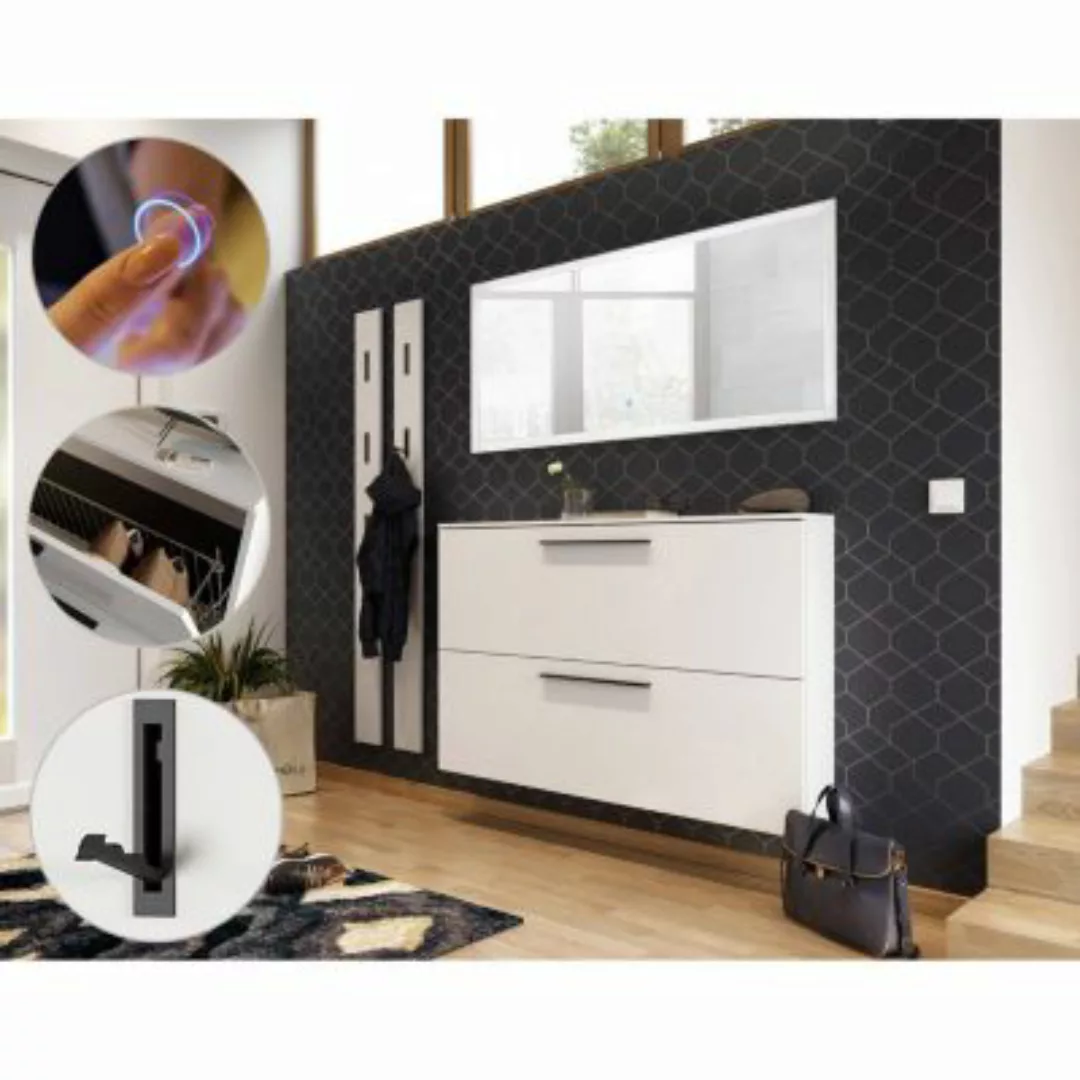 Lomadox Garderobenmöbel Set mit 140cm LED-Spiegel, Schuhschrank, 2 Paneele günstig online kaufen