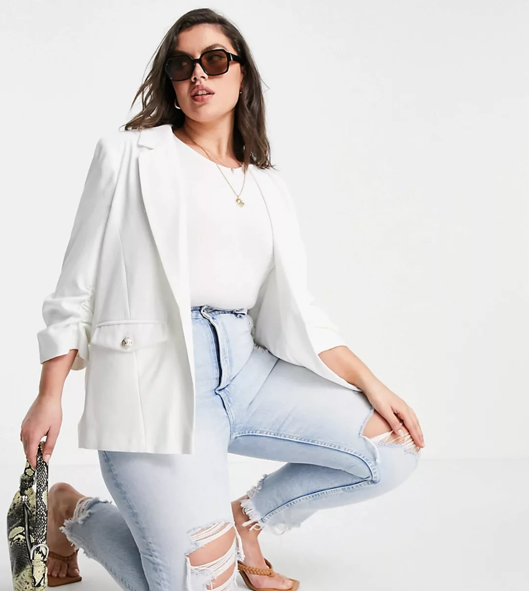 River Island Plus – Blazer in Weiß mit gerafften Ärmeln günstig online kaufen