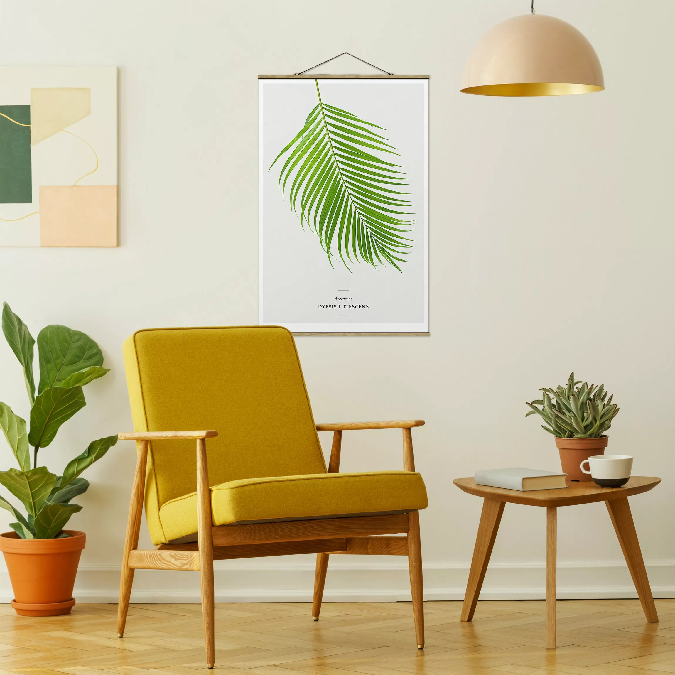 Stoffbild Spruch mit Posterleisten - Hochformat Tropisches Blatt Areca Palm günstig online kaufen