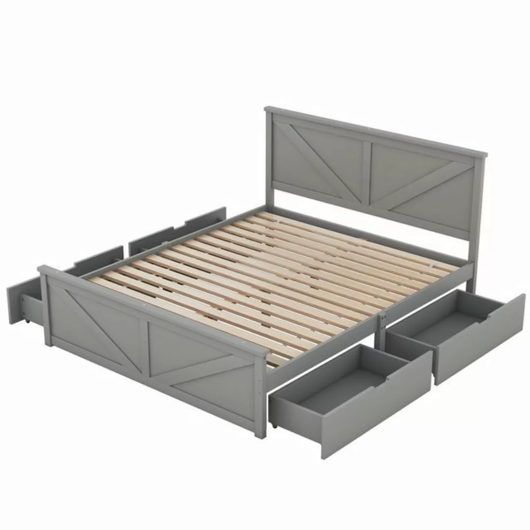 Welikera Bett 160x200cm Einfaches Holzpritschenbett mit vier Schubladen,Gra günstig online kaufen