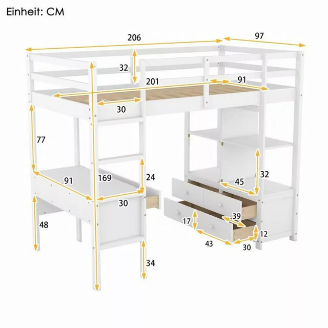 HAUSS SPLOE Hochbett 90 x 200cm mit Stauraumschubladen und Unterbettschreib günstig online kaufen