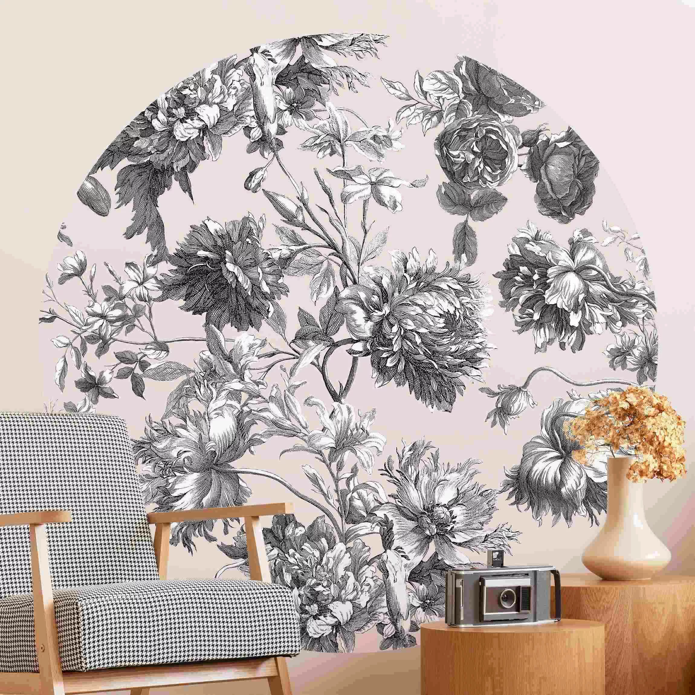 Runde Tapete selbstklebend Floraler Kupferstich Graubeige günstig online kaufen