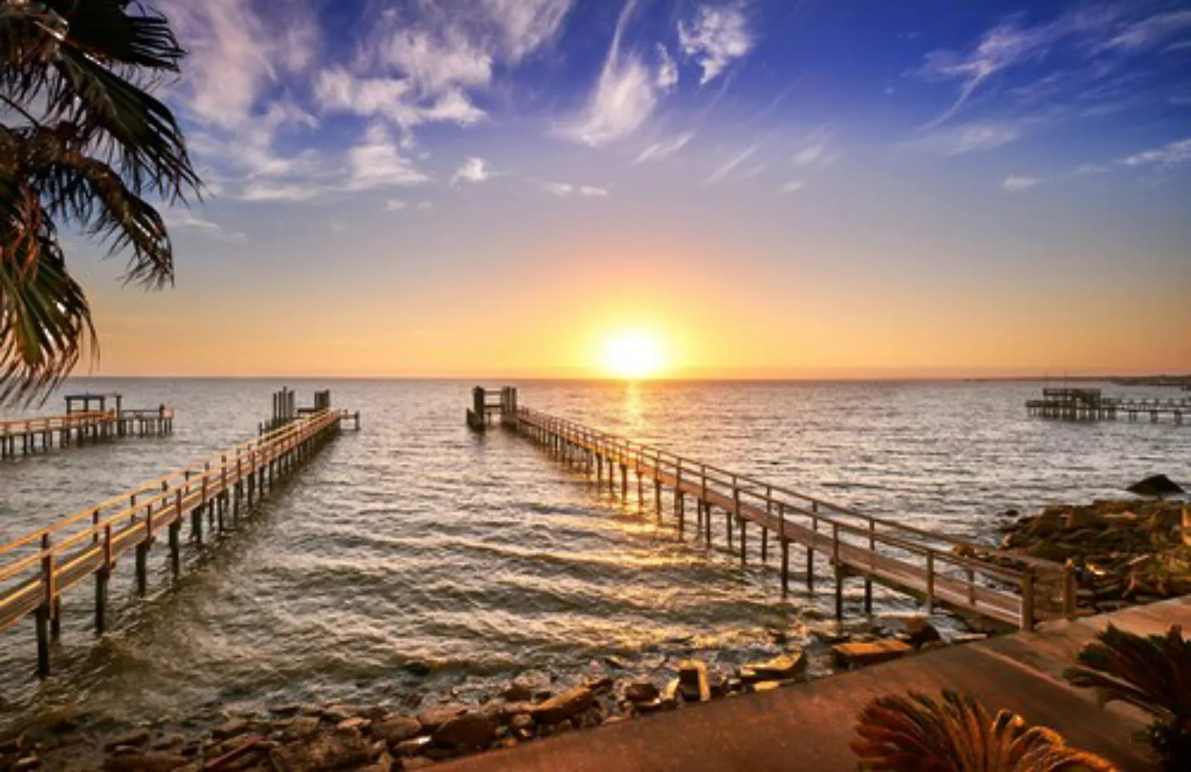 Papermoon Fototapete »HOLZ-BRÜCKE-TEXAS PIER STEG MEER SEE STRAND SONNE BUC günstig online kaufen