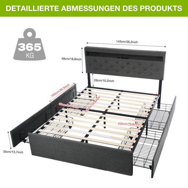 LETGOSPT Polsterbett LED-Beleuchtung Doppelbett 140x200cm mit Ladefunktion günstig online kaufen