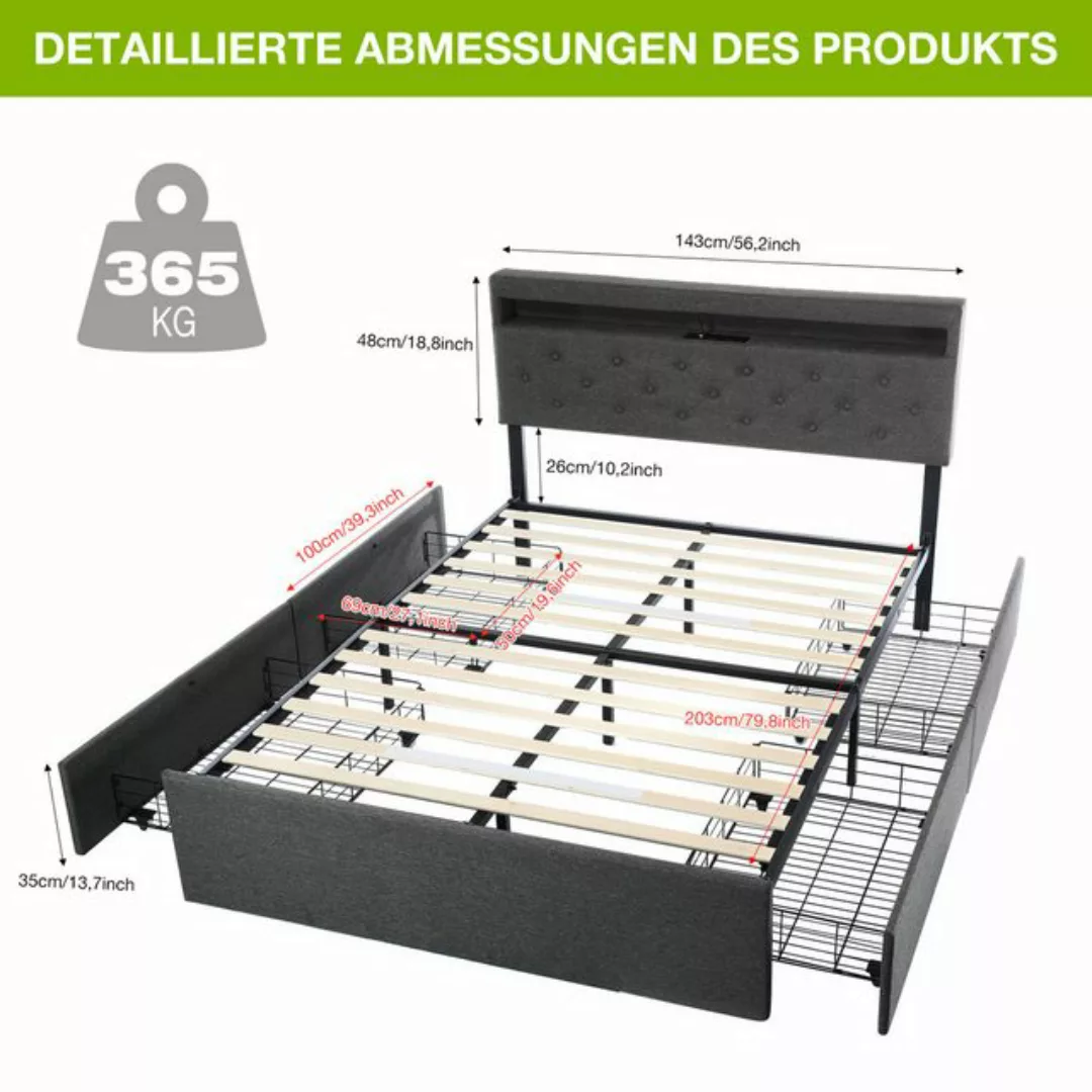 WILGOON Polsterbett LED-Beleuchtung Doppelbett 140x200cm mit Ladefunktion u günstig online kaufen