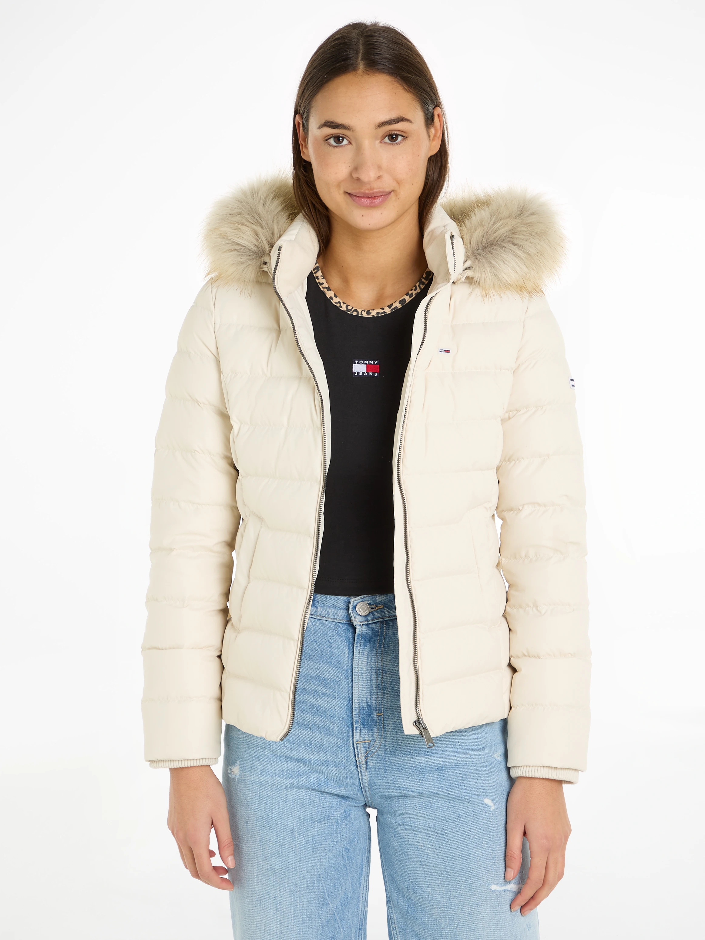 Tommy Jeans Daunenjacke BASIC HOODED DOWN JACKET mit Fellimitat an der Kapu günstig online kaufen