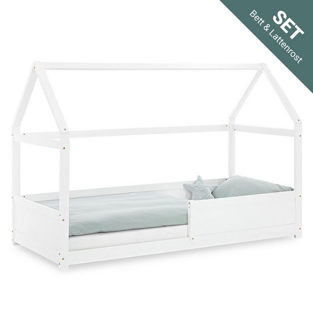 Homestyle4u Kinderbett 90x200 Hausbett Bodenbett Rausfallschutz Weiß Dach H günstig online kaufen