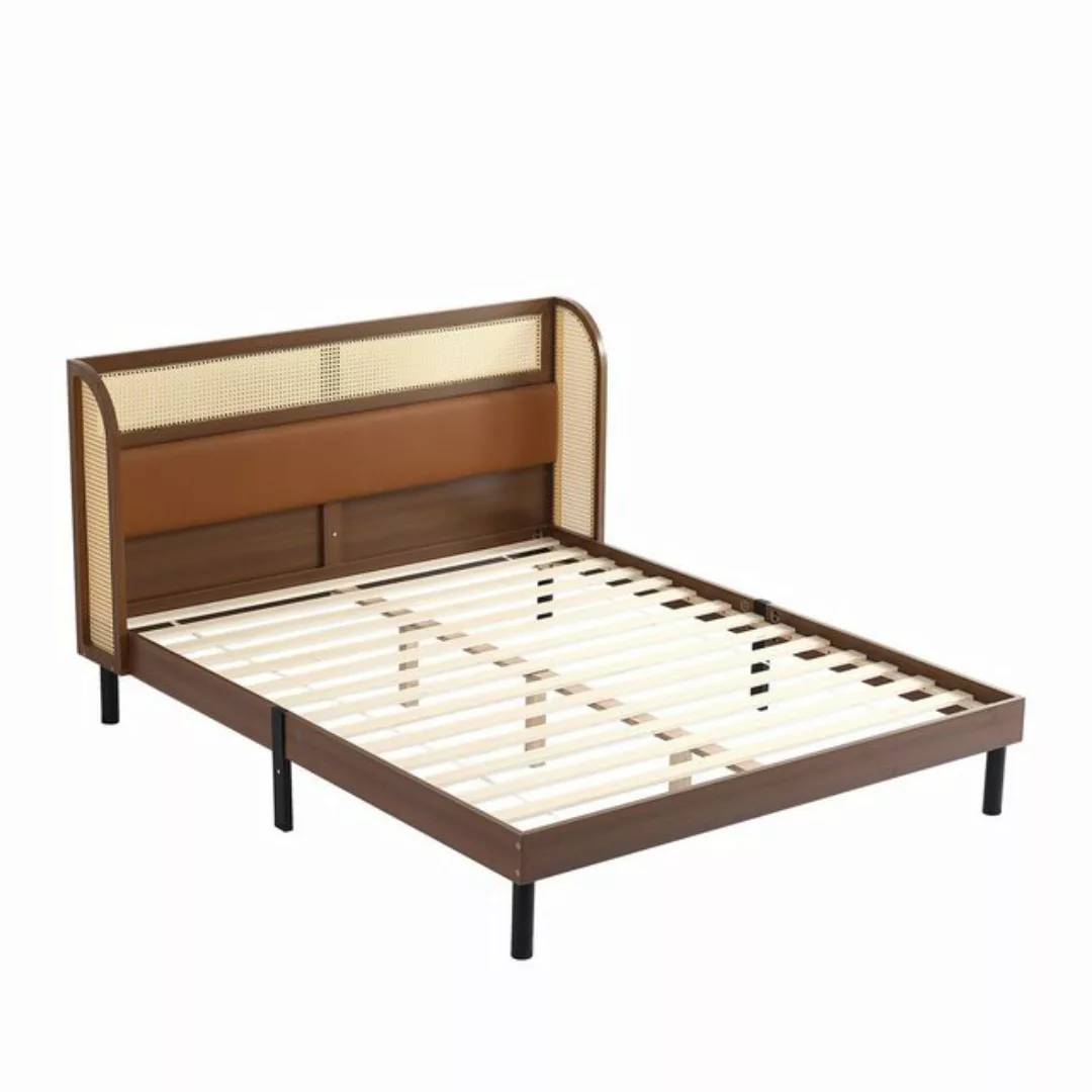 IDEASY Holzbett Rattan-Doppelbett, 160 x 200 cm, Mittelstange, gebogenes Ko günstig online kaufen