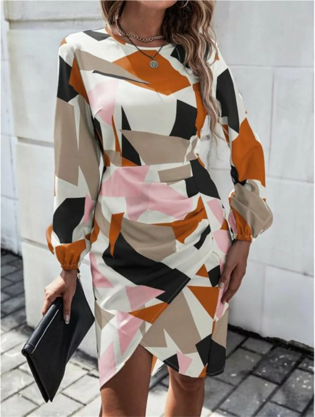 RUZU UG Dirndl Slim Fit Kleid mit geometrischem Muster und Rundhalsausschni günstig online kaufen