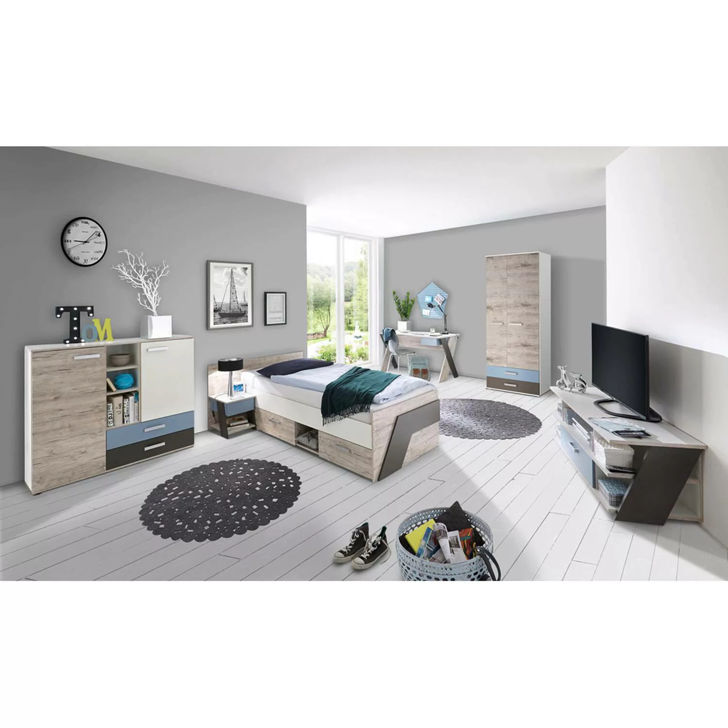 Jugendzimmer Set mit Bett 90x200 cm 6-teilig mit Kleiderschrank LEEDS-10 in günstig online kaufen