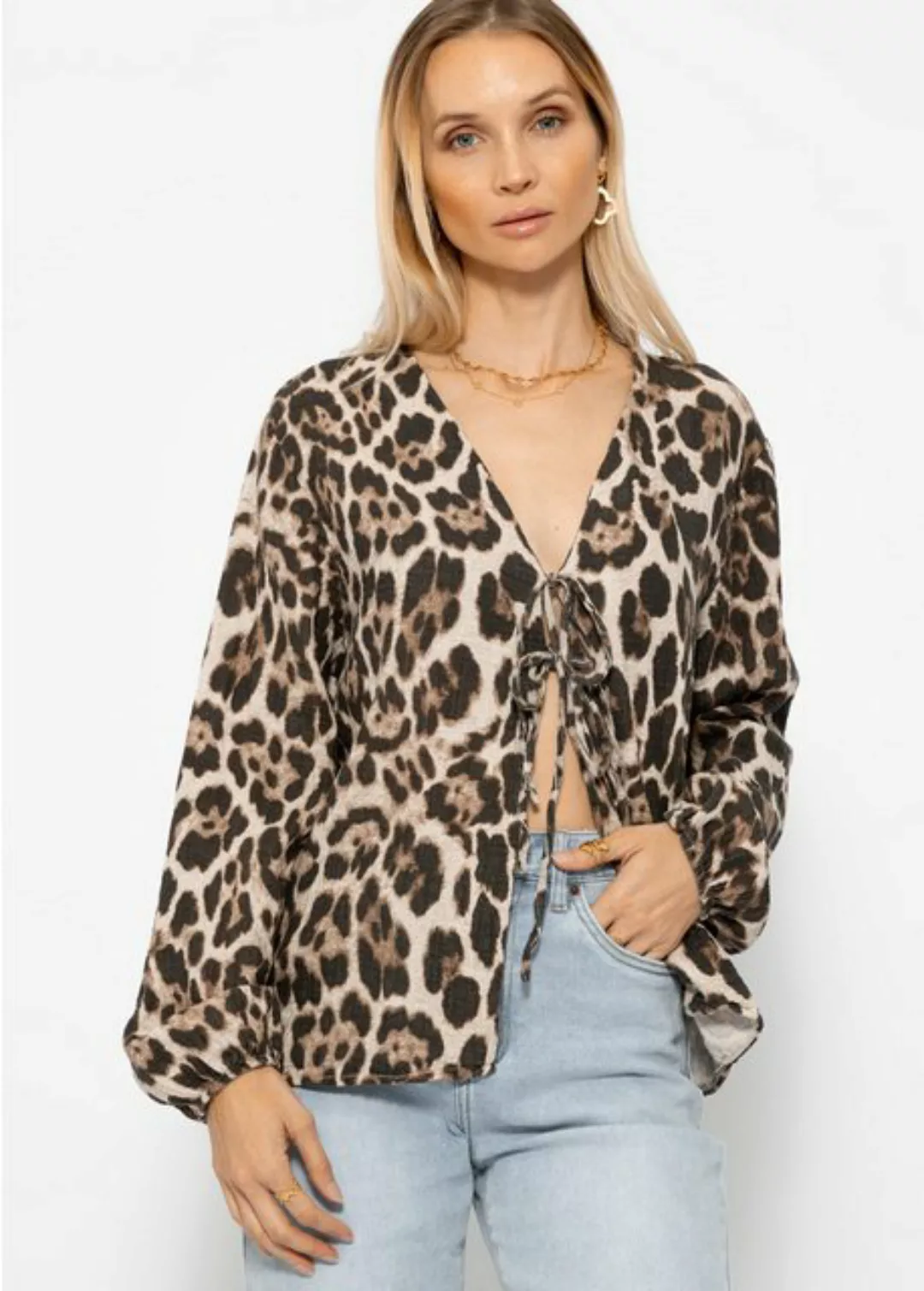 SASSYCLASSY Blusenjacke Musselin Blusenjacke in Leoprint Oversized Blusenja günstig online kaufen