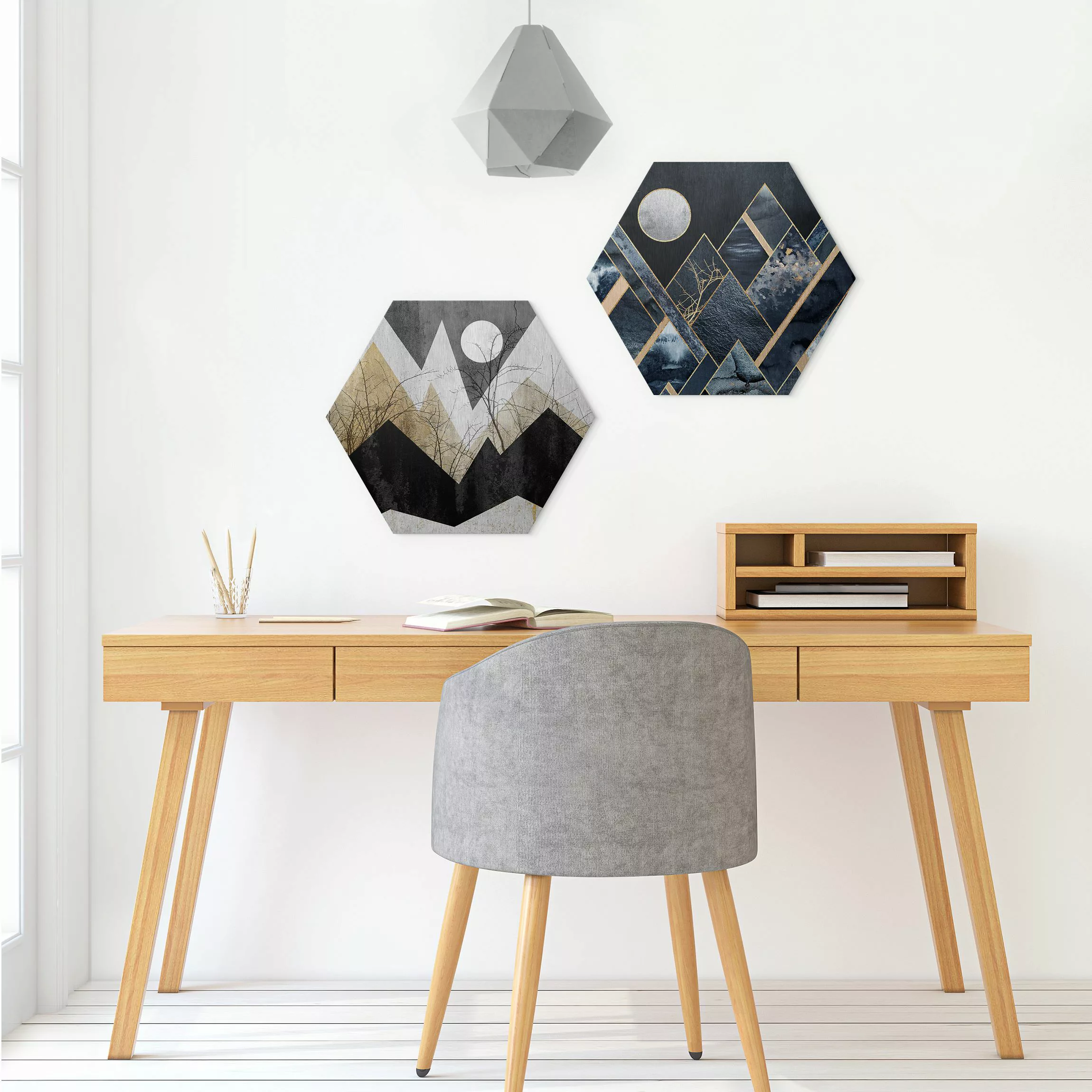 2-teiliges Hexagon-Alu-Dibond Bild Goldener Mond und geometrische Berge günstig online kaufen