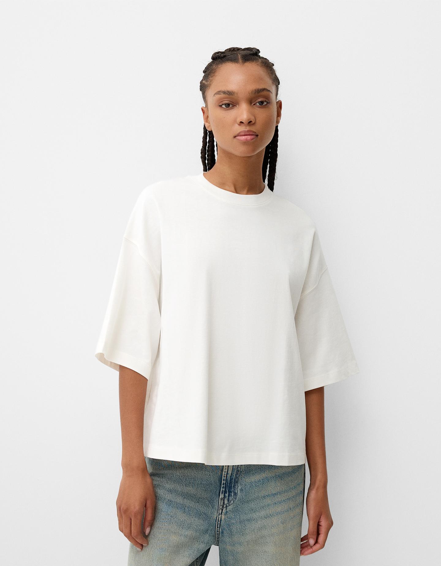 Bershka Kurzärmeliges Oversize-Shirt Damen M Grbrochenes Weiss günstig online kaufen