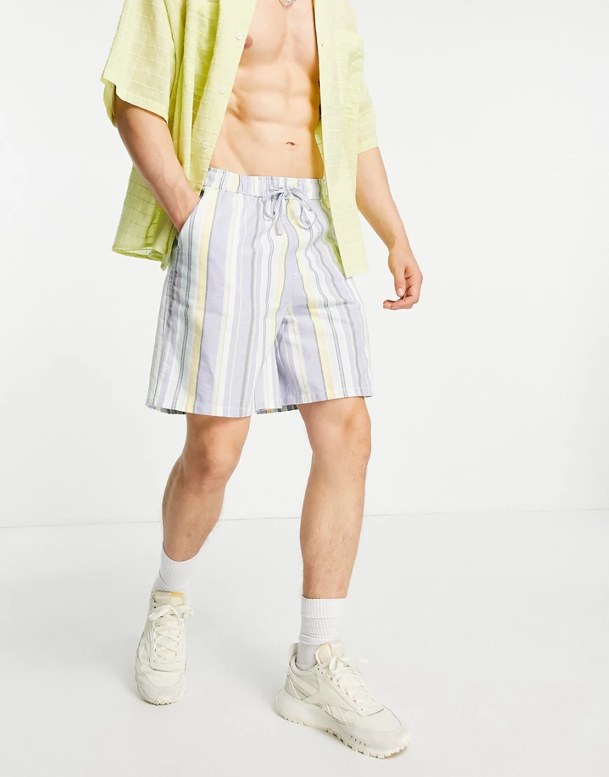 ASOS DESIGN – Kastige Shorts mit Streifen in Pastellfarben-Mehrfarbig günstig online kaufen