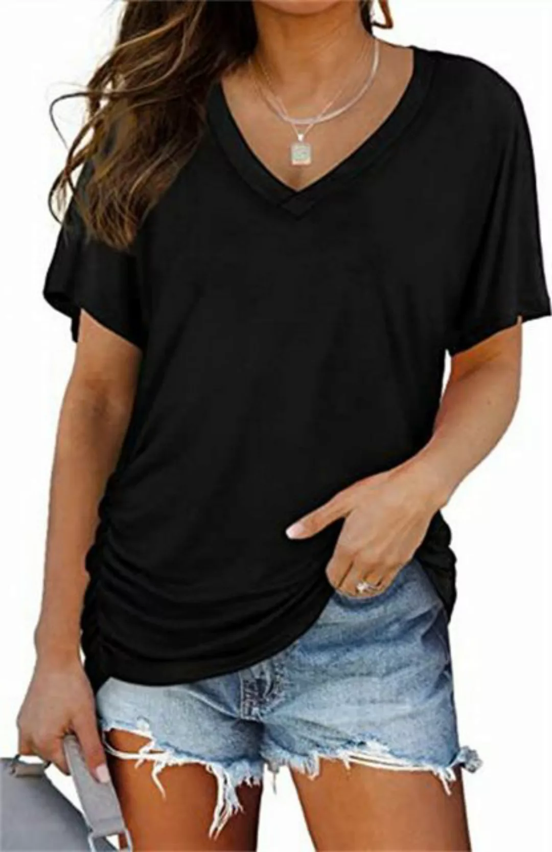 RUZU UG Hemdbluse Einfarbiges, kurzärmliges Damenoberteil mit V-Ausschnitt günstig online kaufen