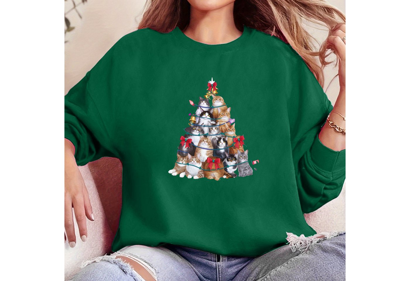 PYL Rundhalspullover Damen Christmas Casual Sweatshirt mit Katze Druck,Lang günstig online kaufen