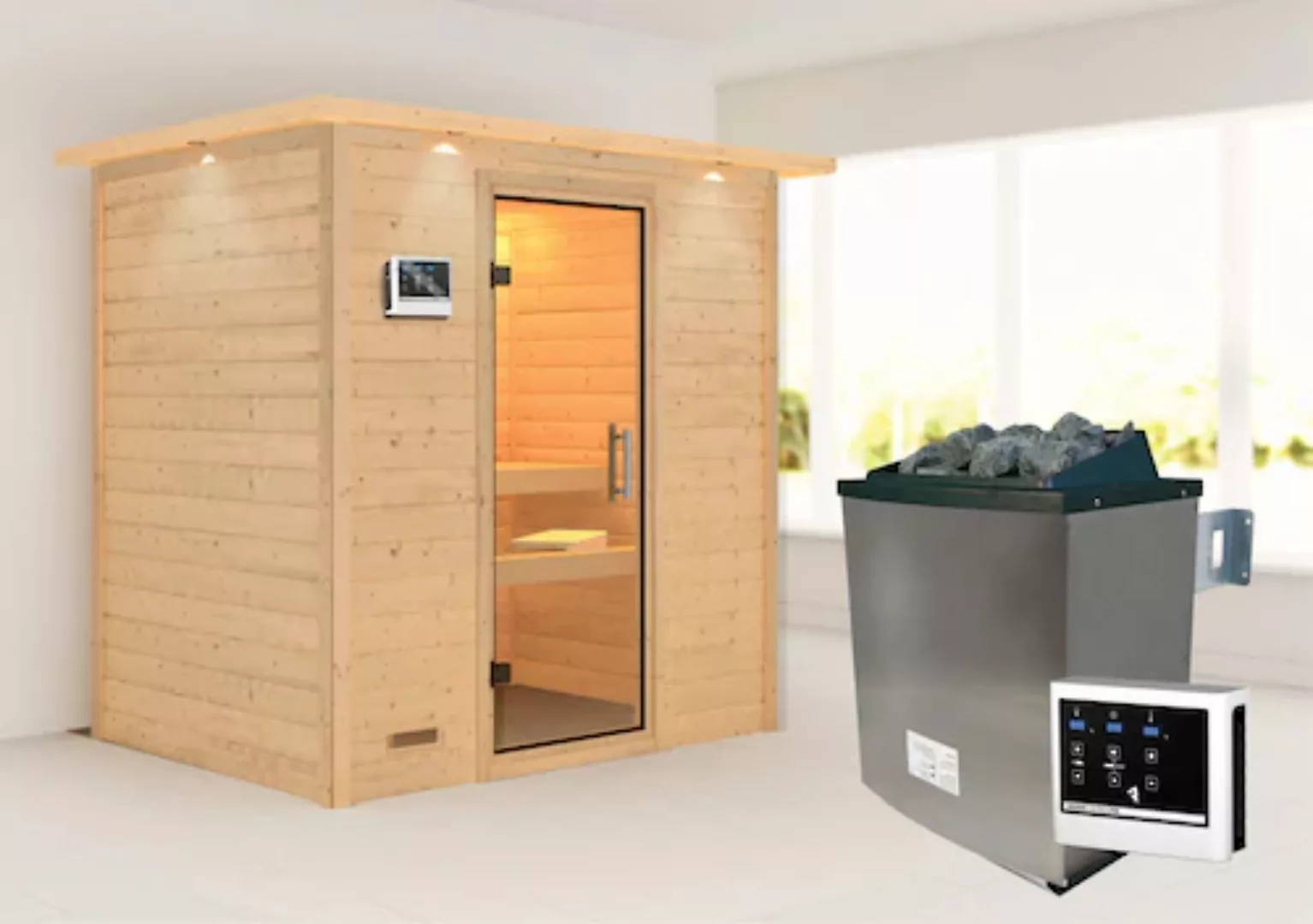 Karibu Sauna »"Sonja" mit Klarglastür und Kranz Ofen 9 KW externe Strg mode günstig online kaufen