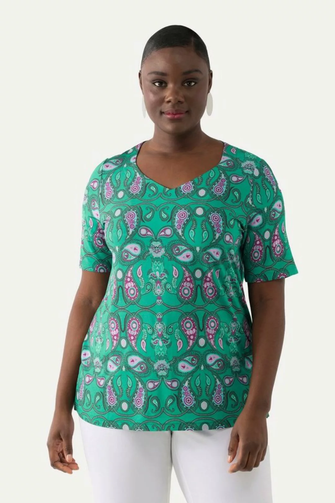 Ulla Popken Rundhalsshirt Slinkyshirt Paisley-Design Herzausschnitt Halbarm günstig online kaufen