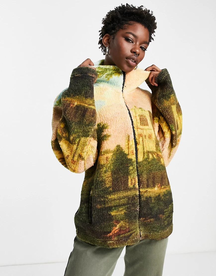 New Girl Order – Mehrfarbige Teddyfell-Jacke mit Landschaftsdruck und Reißv günstig online kaufen