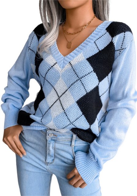 Mayou Strickpullover Damen Winter V Ausschnitt Strickpullover Argyle Langar günstig online kaufen