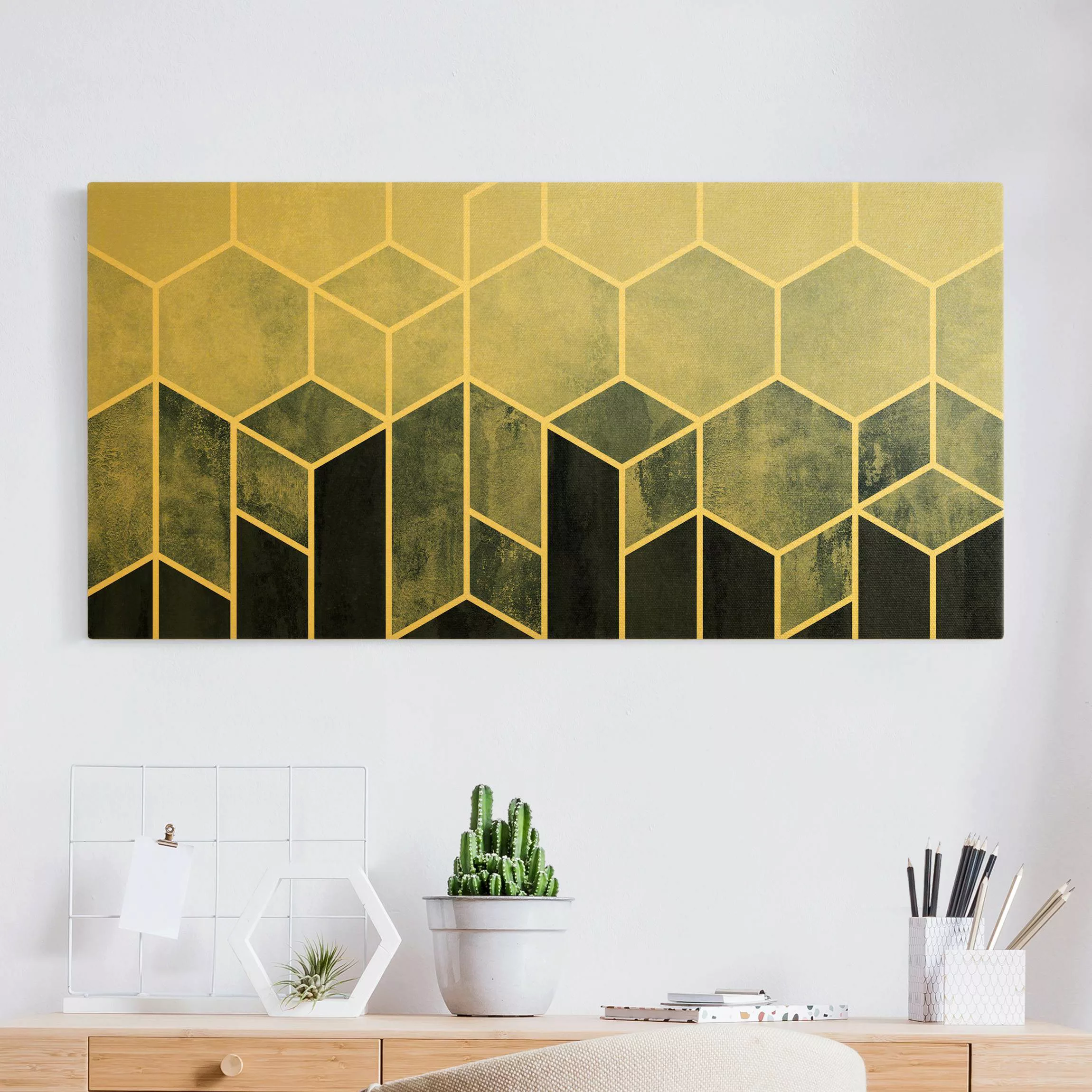 Leinwandbild Gold Goldene Geometrie - Sechsecke Blau Weiß günstig online kaufen